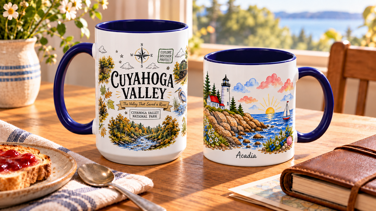 15 oz Cuyahoga Valley mug on the left and 11 oz Acadia mug on the right, on a sunny breakfast table