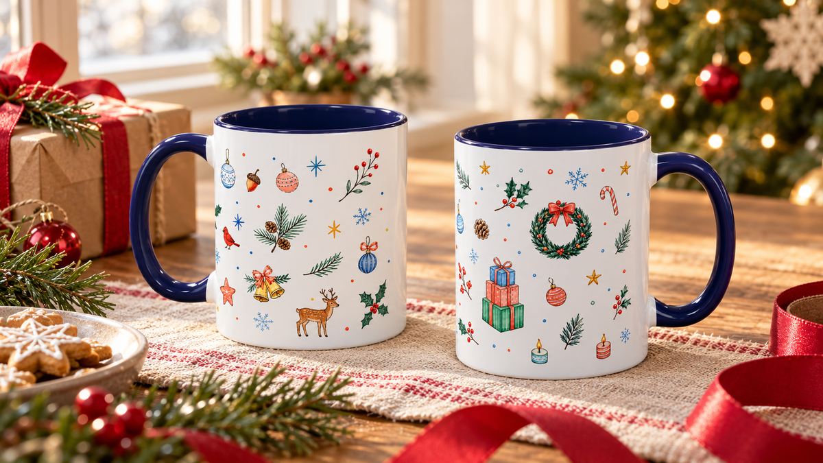 Woodland and traditional Christmas mugs beside wrapped gifts and a Christmas tree