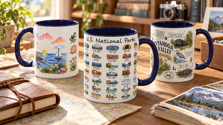 Acadia, U.S. National Parks, and Cuyahoga Valley mugs arranged with maps and travel keepsakes