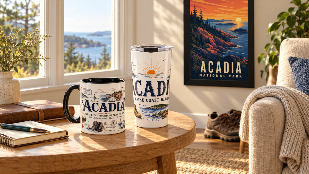 Acadia ceramic mug and stainless steel tumbler on a side table beneath an Acadia framed travel illustration