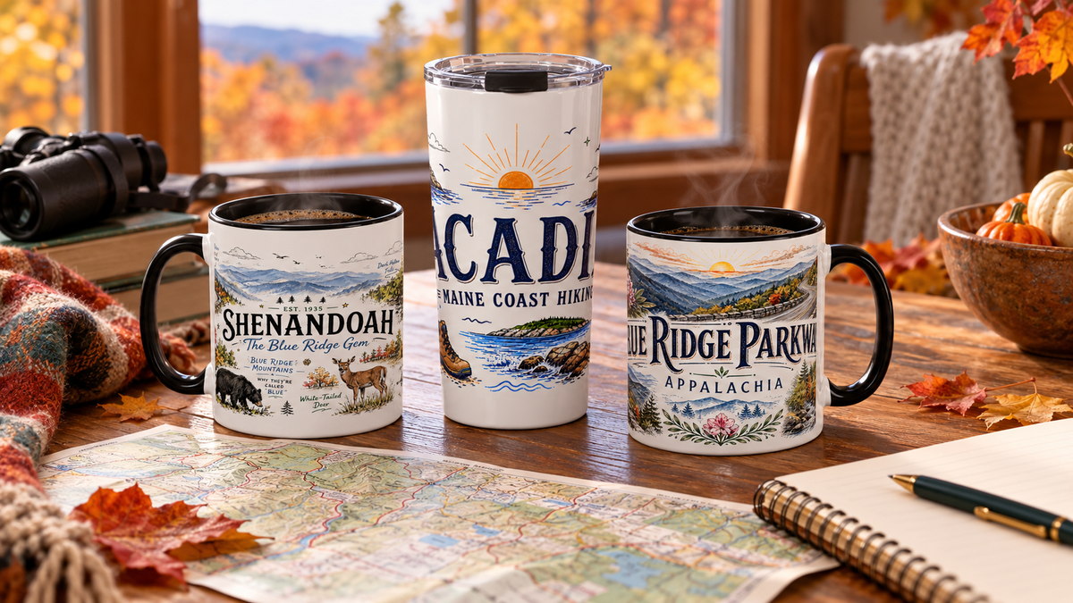 Autumn trip planning around home wooden table with unfolded map and blank notebook, small autumn leaves outside window