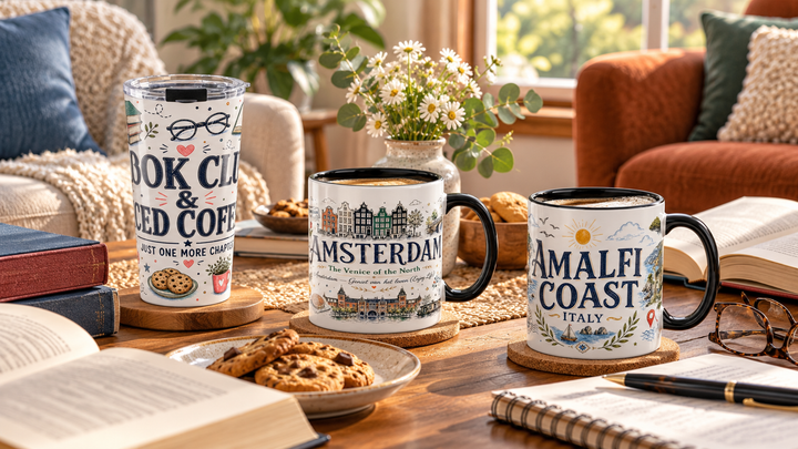 Small welcoming book club coffee table, open novels without readable text, biscuits, three seats, afternoon natural light
