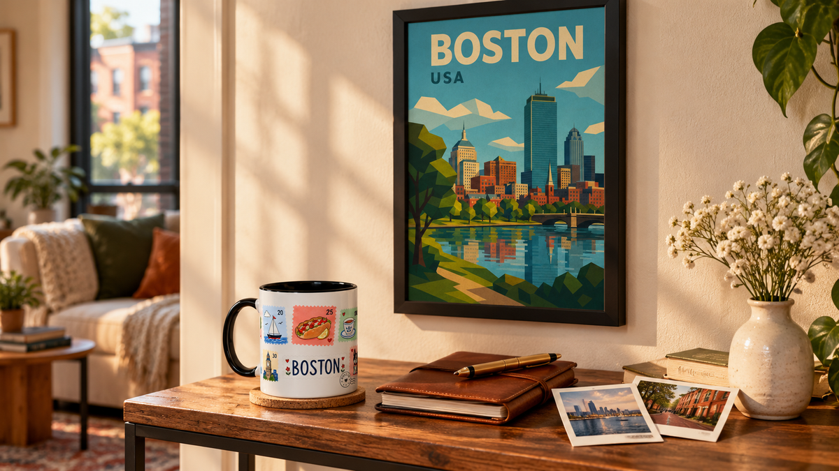 Warm apartment memory corner with Boston poster mounted on wall above narrow console, Boston mug on table next to travel journal, unidentifiable snapshots and small vase