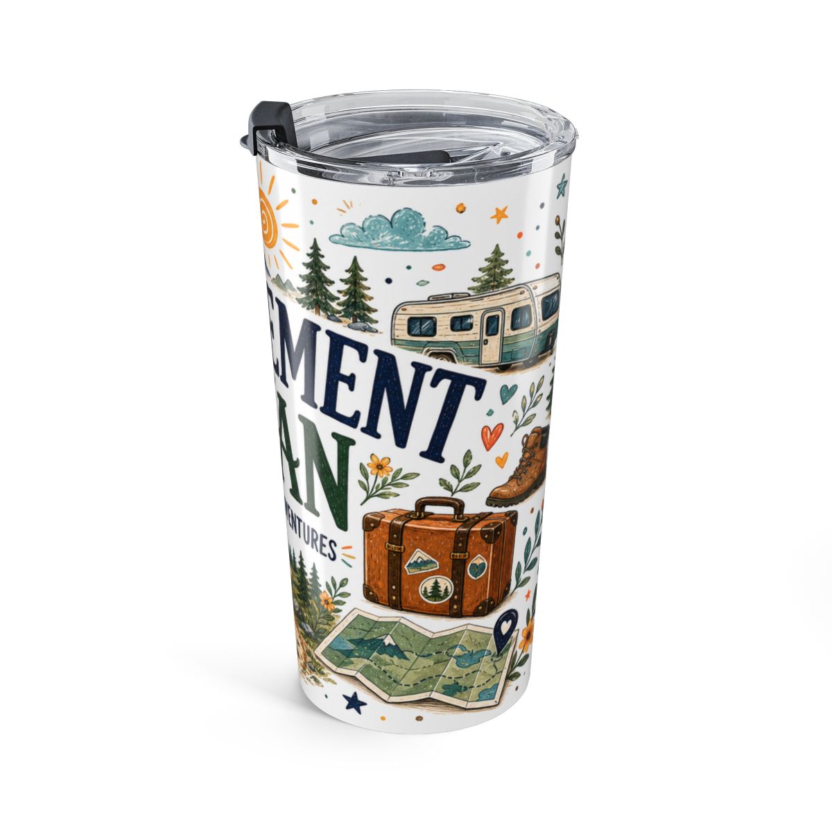 Retirement Plan Coffee And Adventures 20oz Tumbler | Travel Retirement Gift | Insulated Stainless Steel Travel Cup