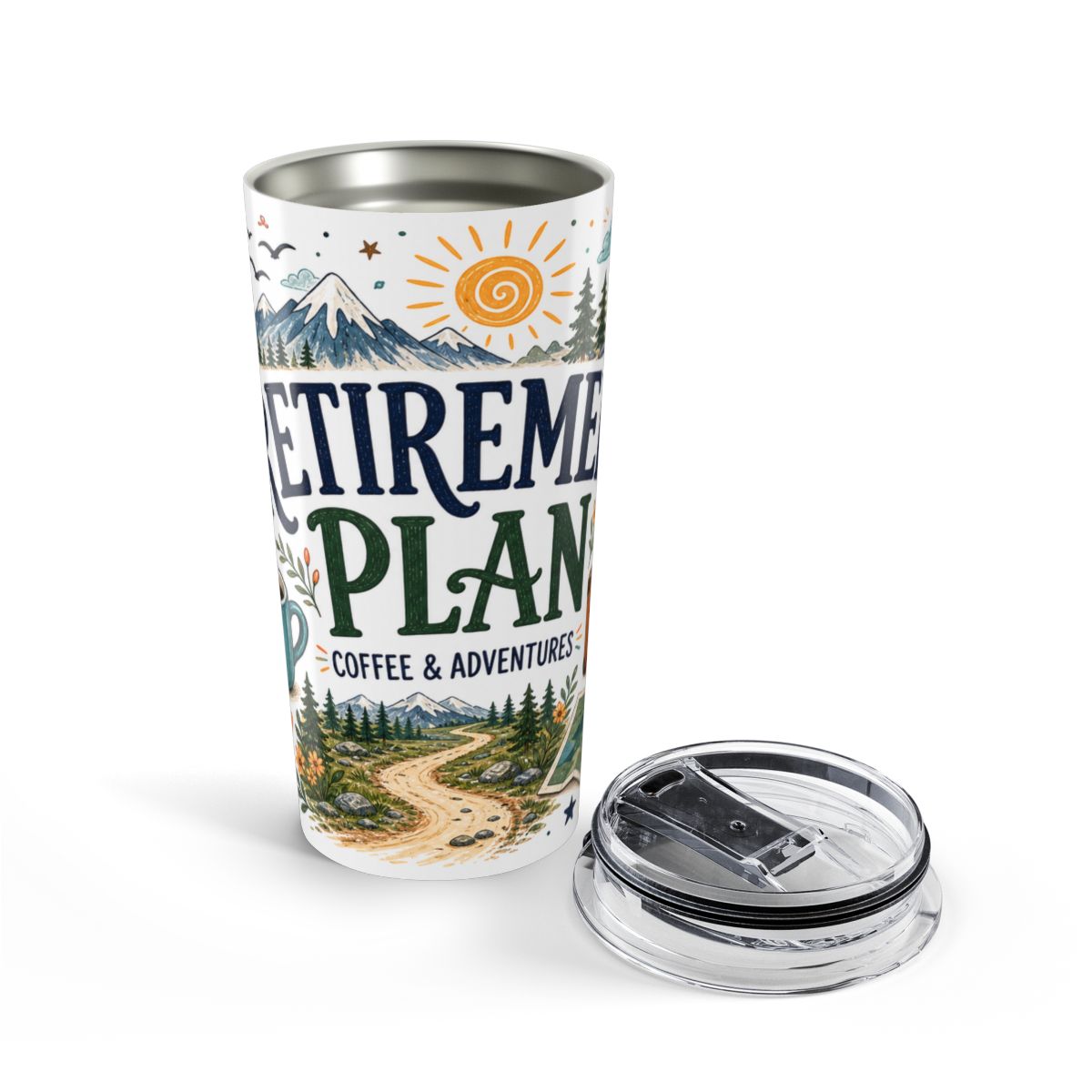 Retirement Plan Coffee And Adventures 20oz Tumbler | Travel Retirement Gift | Insulated Stainless Steel Travel Cup