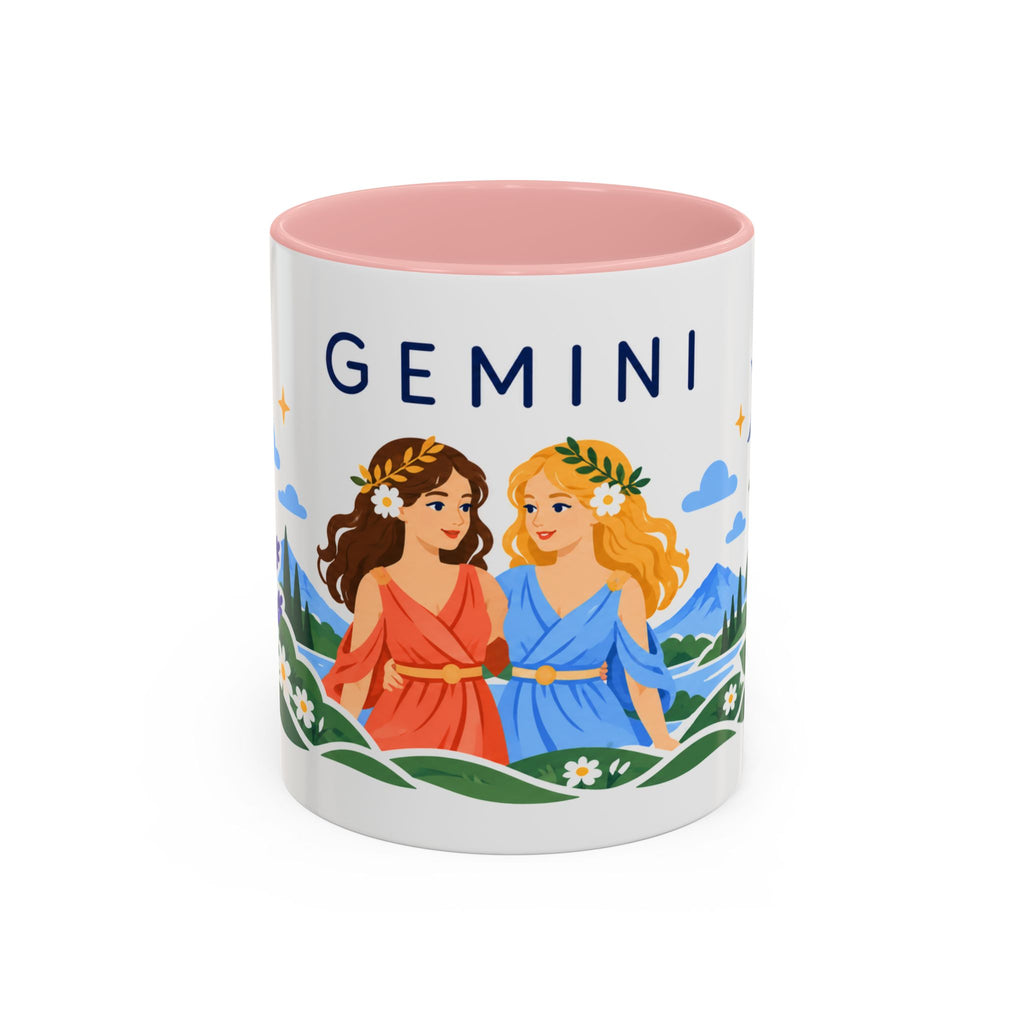 Gemini Zodiac Coffee Mug | Twins and Floral Design | Astrology Birthday Gift | 11 oz 15 oz Ceramic Accent Mug