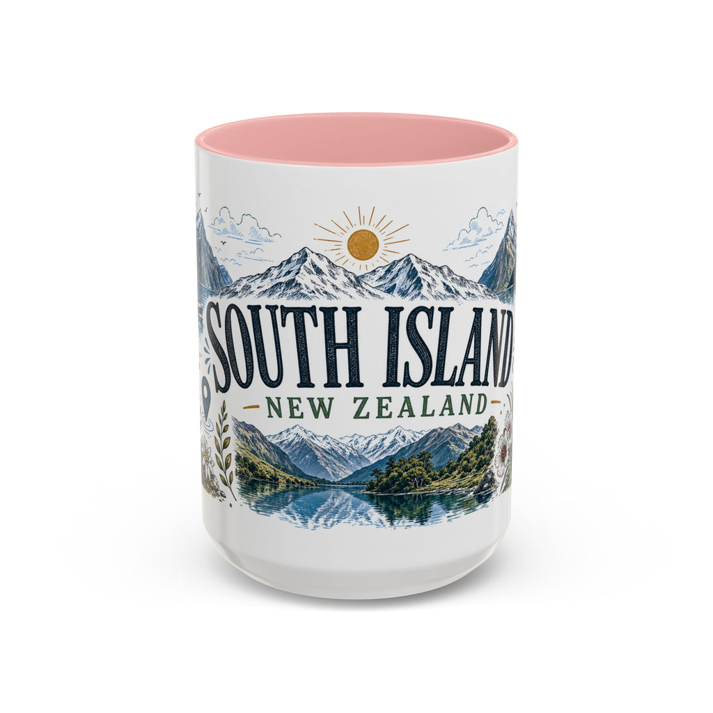 New Zealand South Island Coffee Mug | Travel Destination Souvenir Gift | Accent Color Ceramic 11oz 15oz