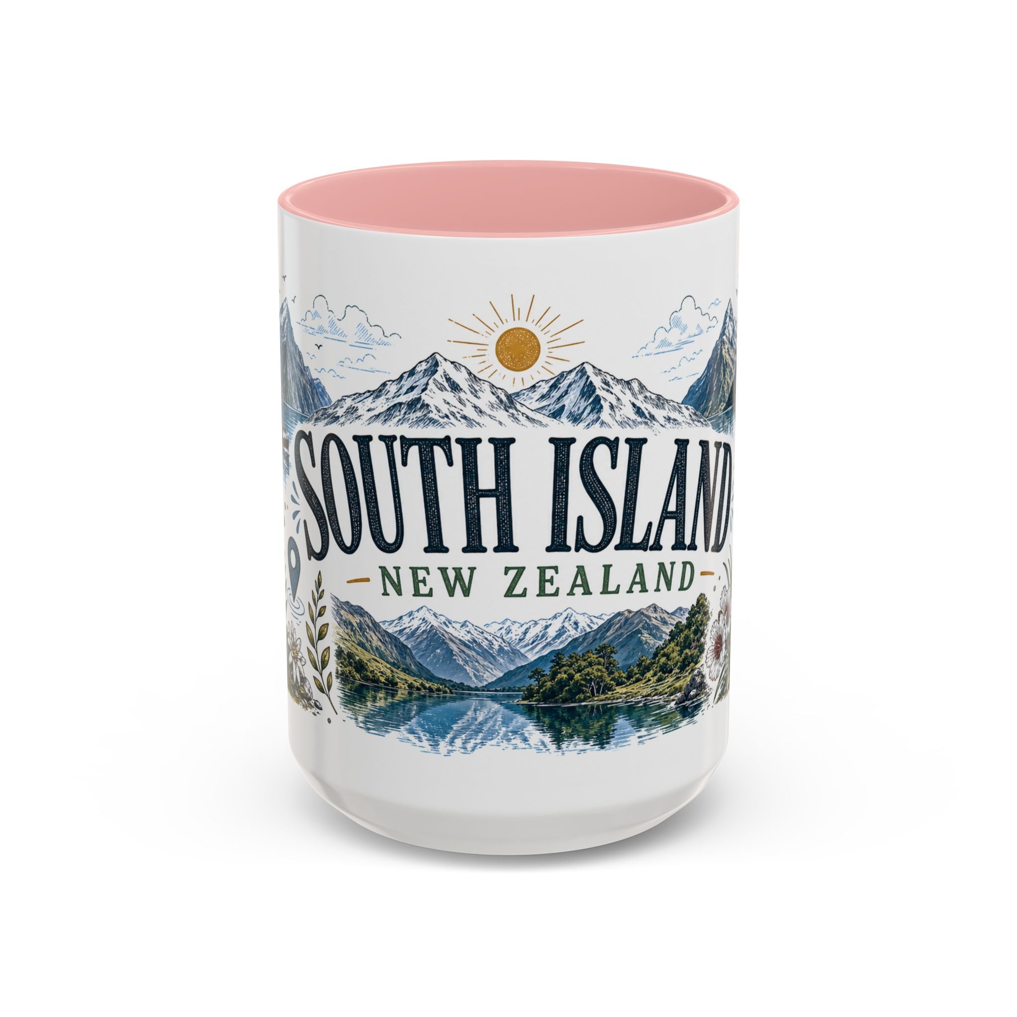 New Zealand South Island Coffee Mug | Travel Destination Souvenir Gift | Accent Color Ceramic 11oz 15oz