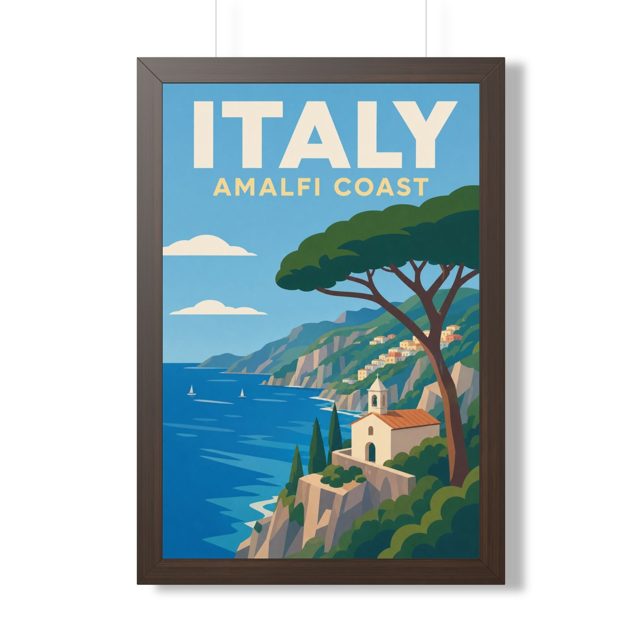 Amalfi Coast Italy Framed Poster | Vintage Travel Wall Art | Black Walnut White Frame | 16x24 20x30