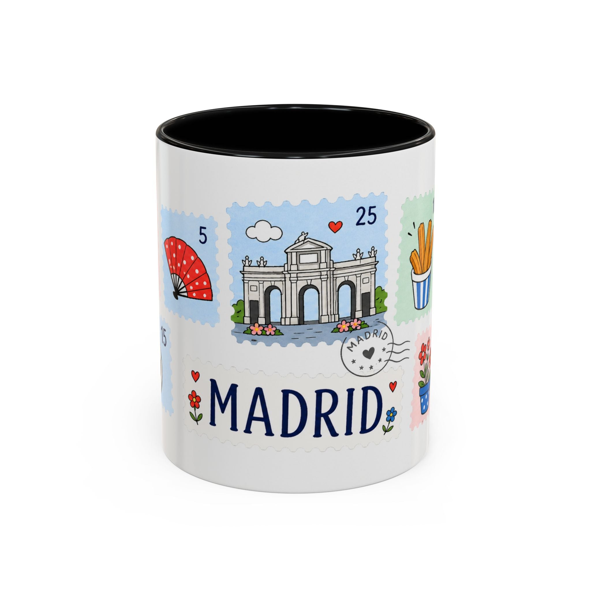 Madrid Coffee Mug | Postage Stamp Collage Mug | Travel Souvenir Accent Cup 11oz 15oz