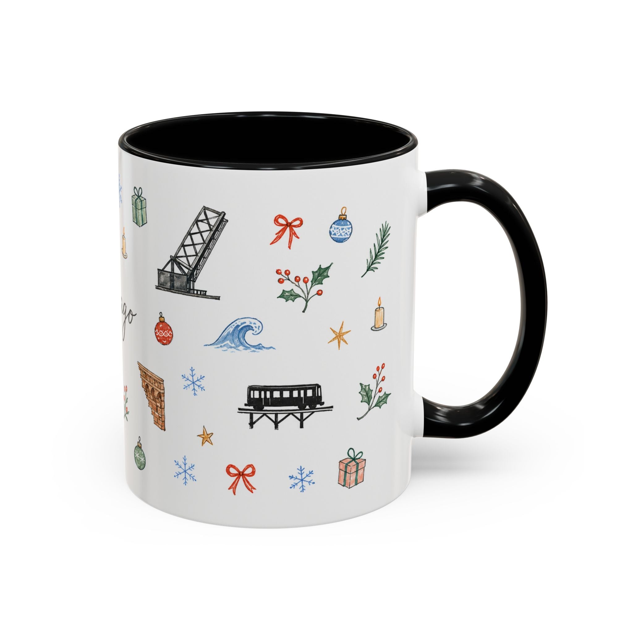 Chicago Christmas Mug | Watercolor Travel Souvenir | Holiday Gift | Accent Ceramic Coffee Cup 11oz 15oz