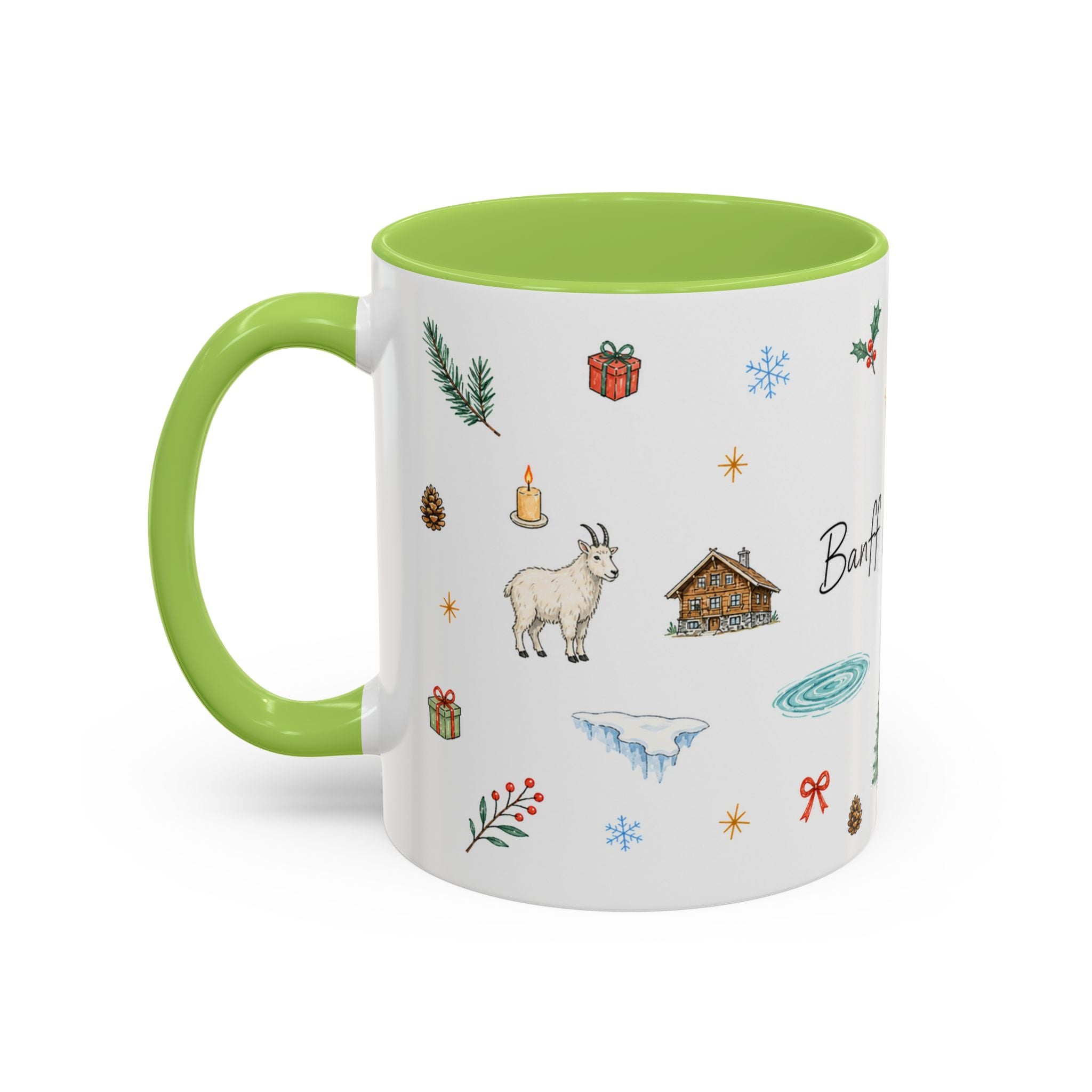 Banff Lake Louise Christmas Mug | Watercolor Travel Souvenir | Holiday Gift | Accent Ceramic Coffee Cup 11oz 15oz