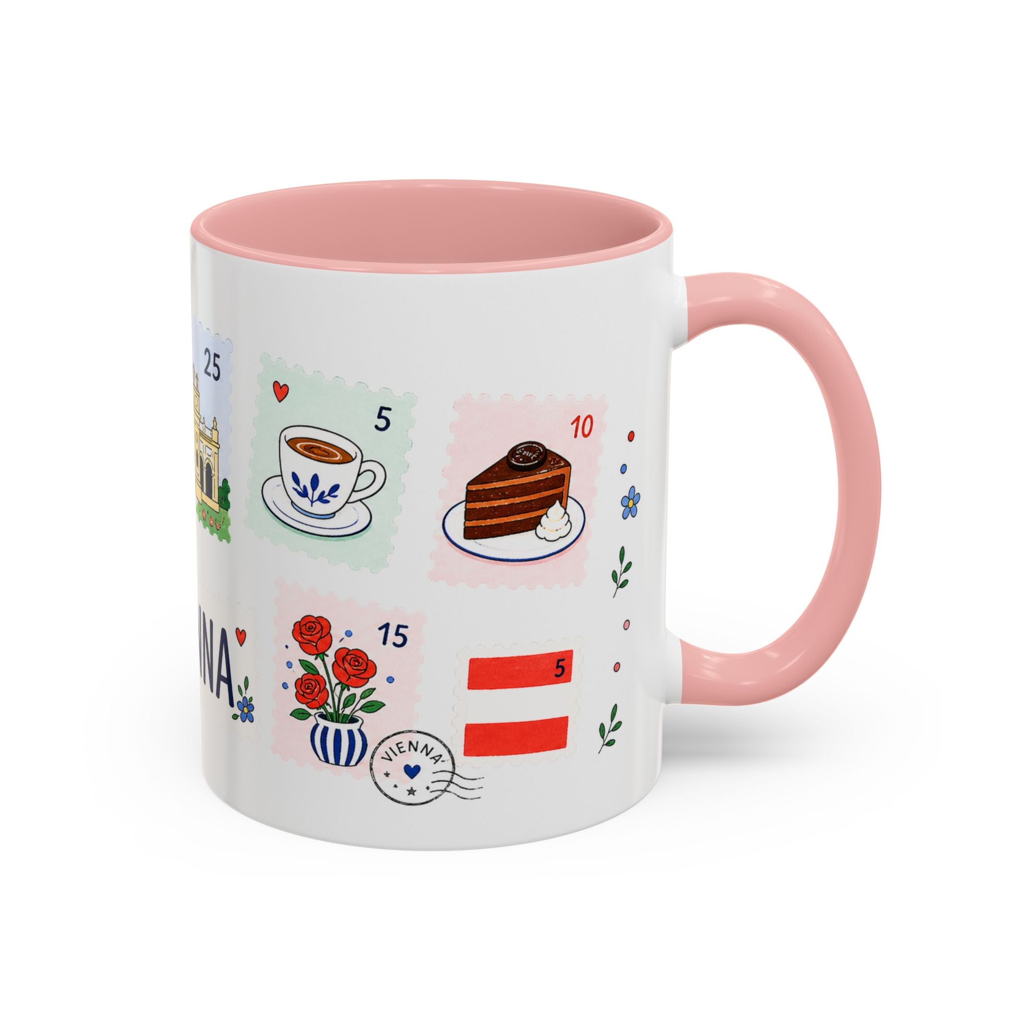 Vienna Coffee Mug | Postage Stamp Collage Mug | Travel Souvenir Accent Cup 11oz 15oz
