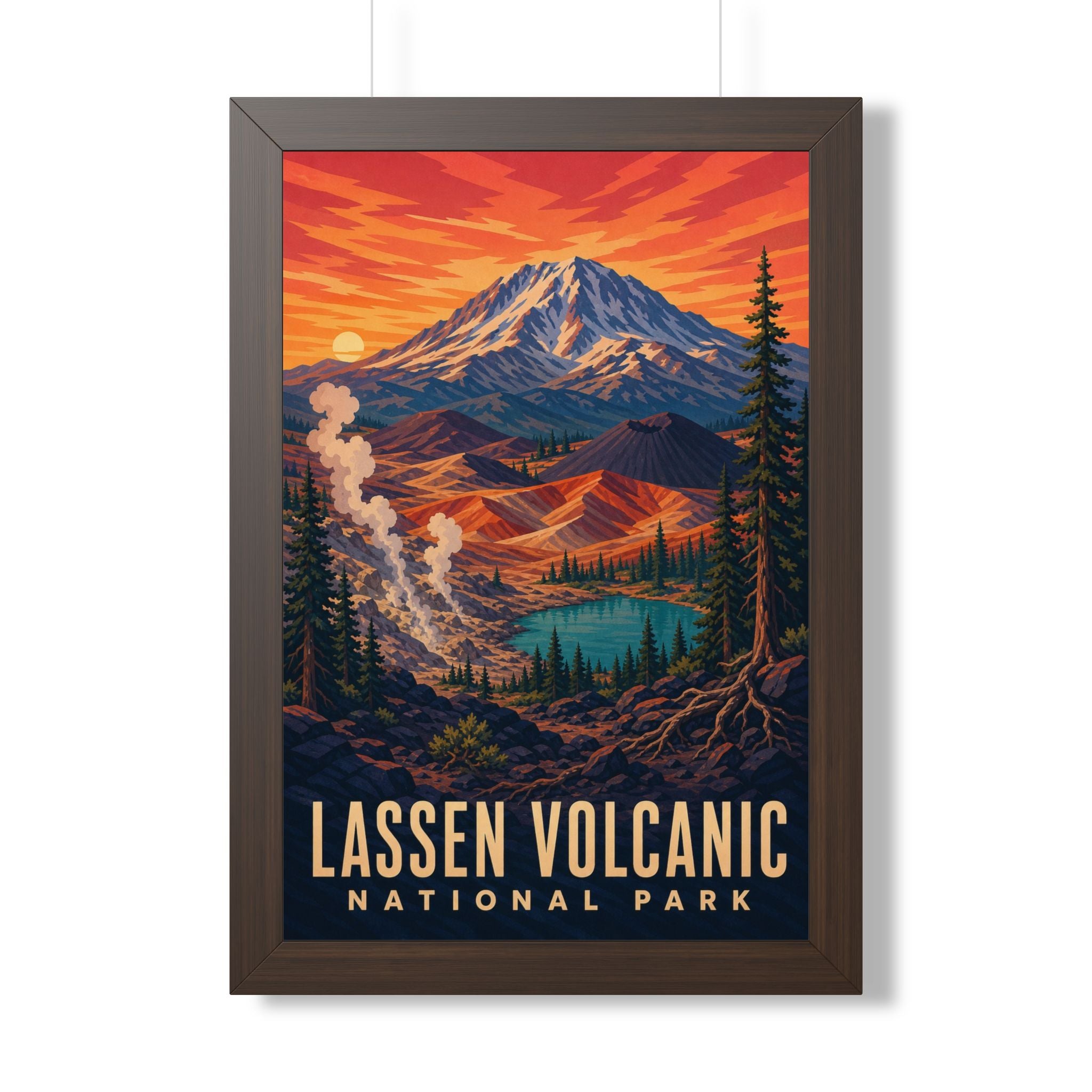 Lassen Volcanic National Park Framed Poster | Vintage Travel Wall Art | Black Walnut White Frame | 16x24 20x30