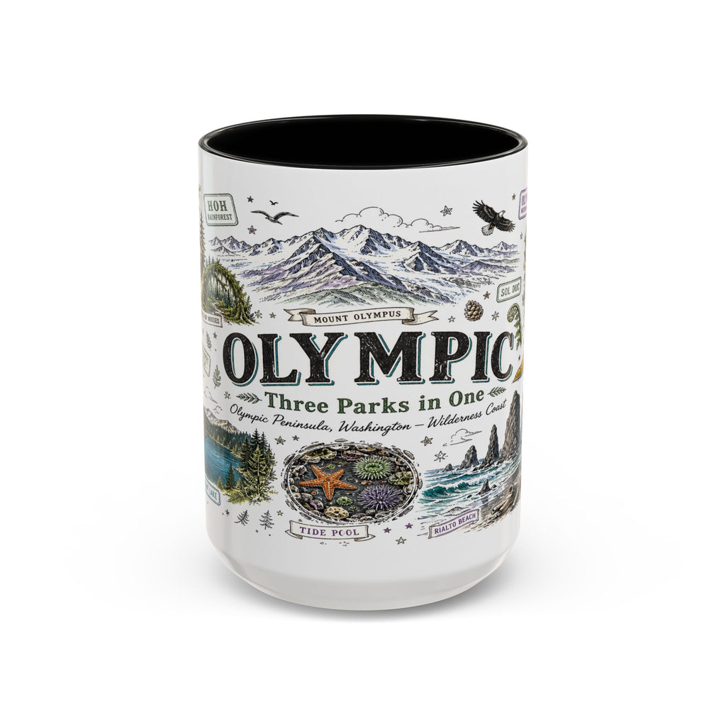 Olympic Coffee Mug | National Park Hiking Rainforest Gift | Accent Color Ceramic 11oz 15oz
