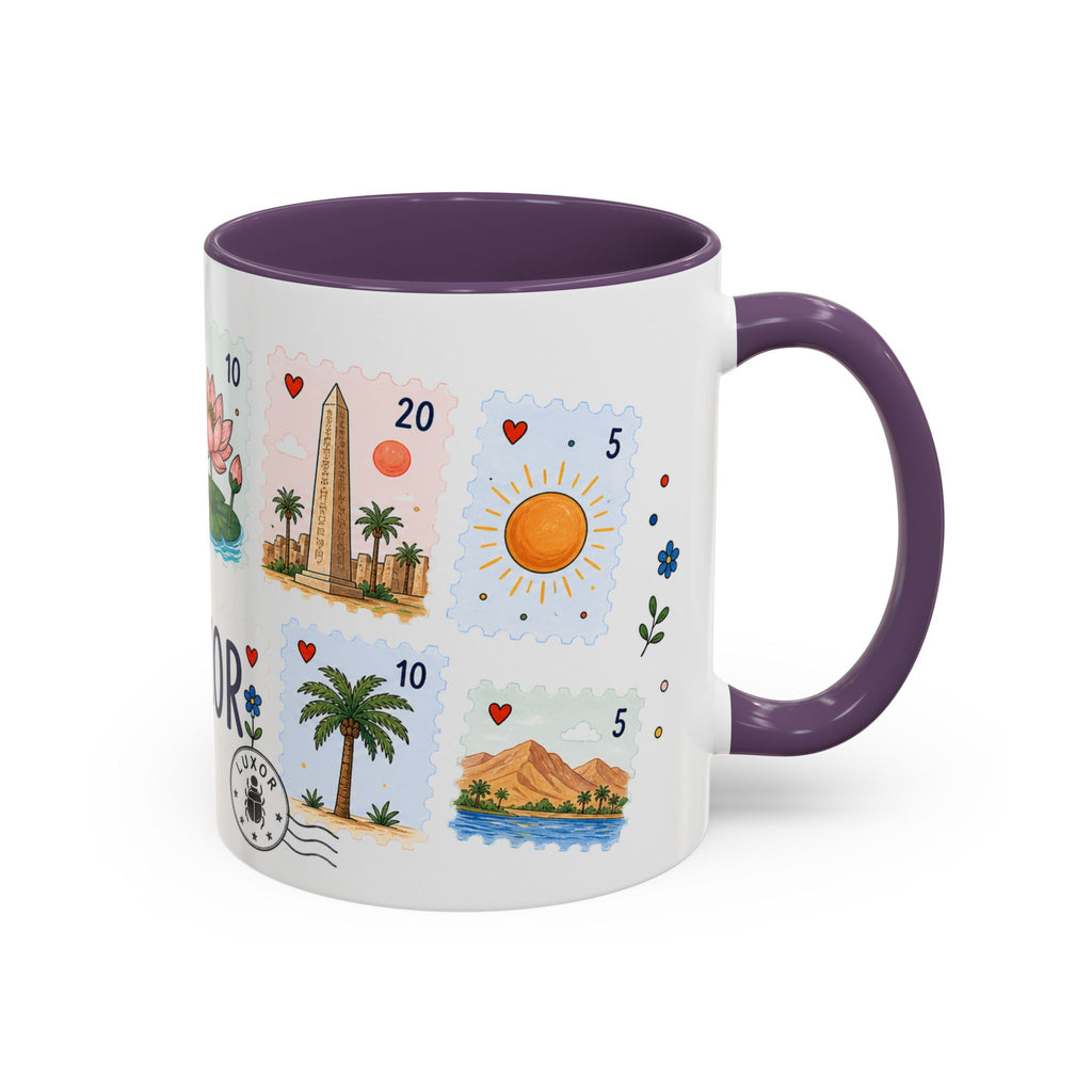 Luxor Coffee Mug | Postage Stamp Collage Mug | Travel Souvenir Accent Cup 11oz 15oz