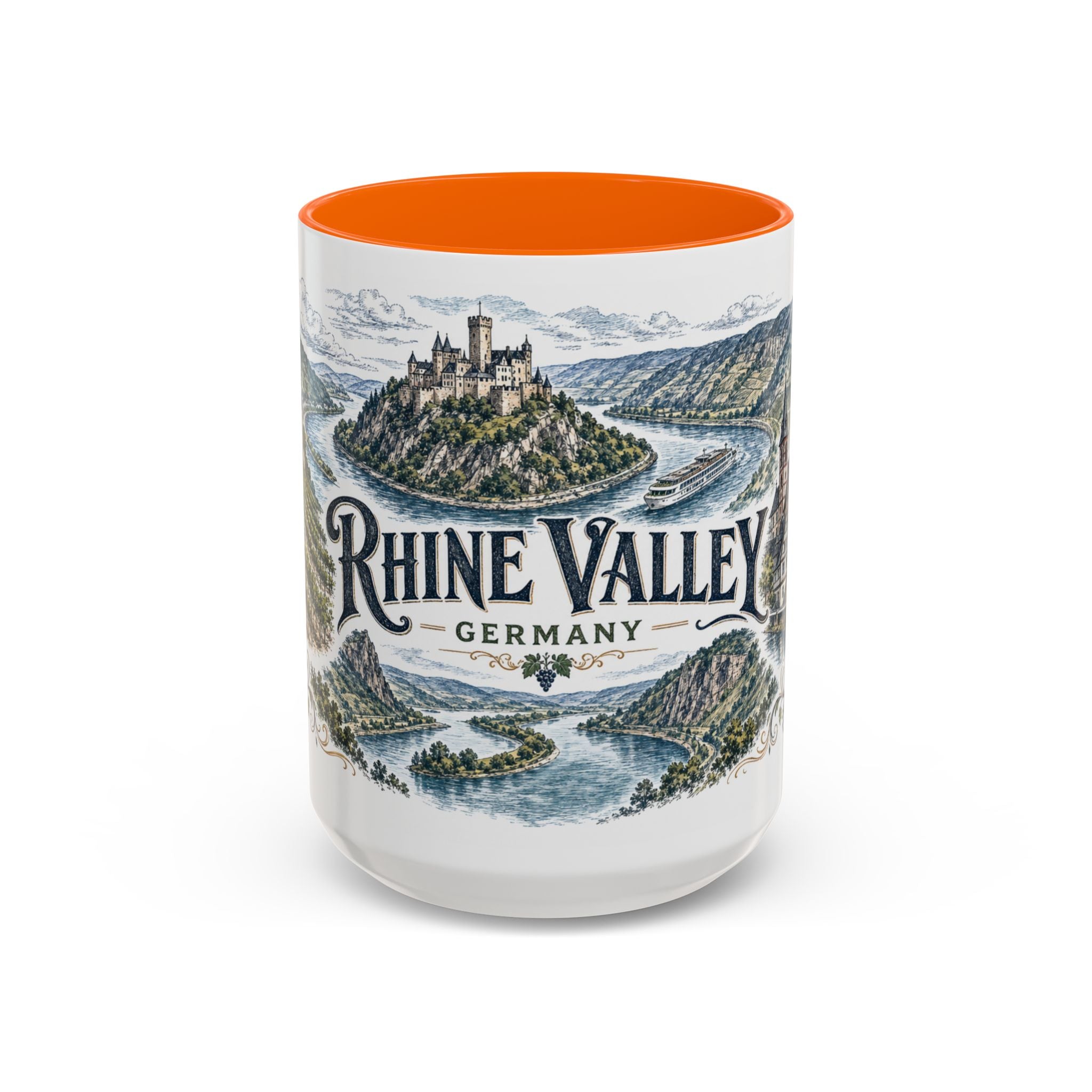 Rhine Valley Mug, Germany Travel Souvenir, Bucket List Gift, Accent Ceramic Coffee Mug 11oz 15oz
