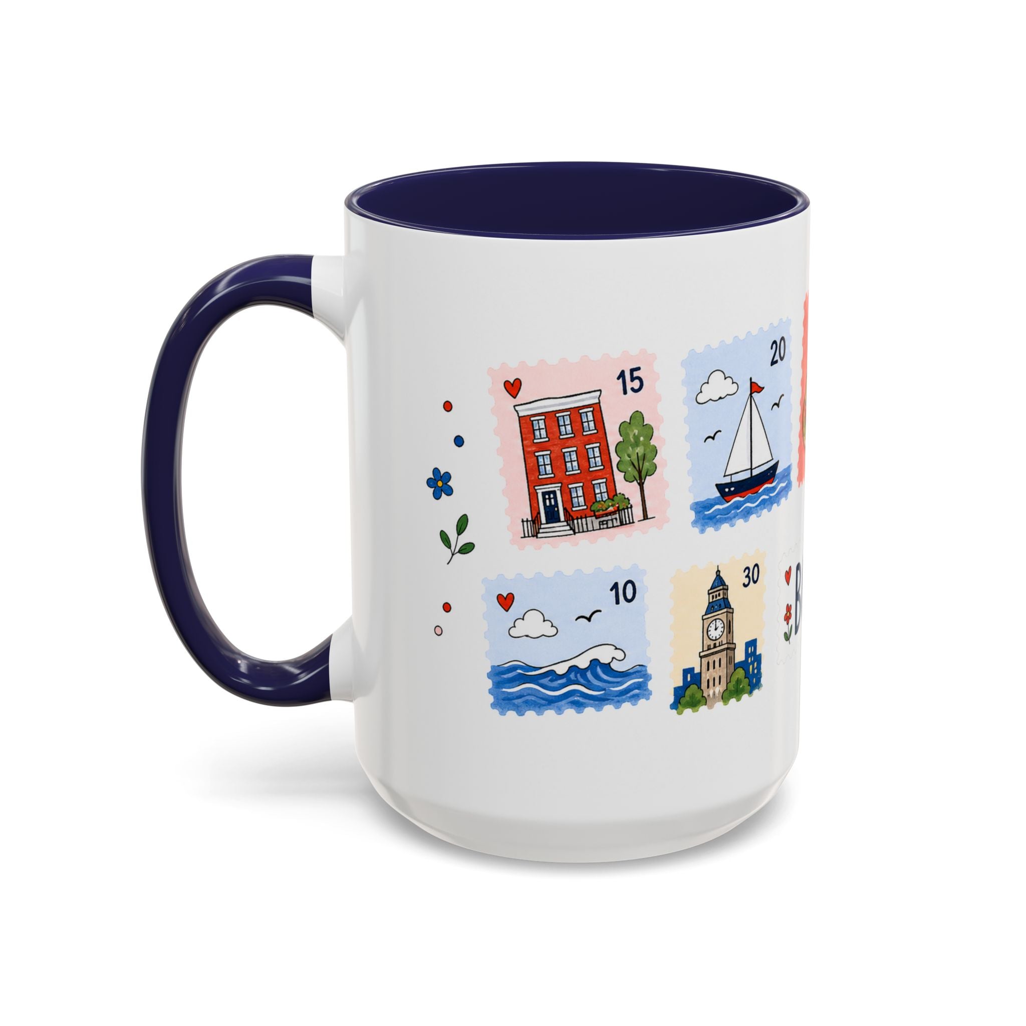 Boston Coffee Mug | Postage Stamp Collage Mug | Travel Souvenir Accent Cup 11oz 15oz