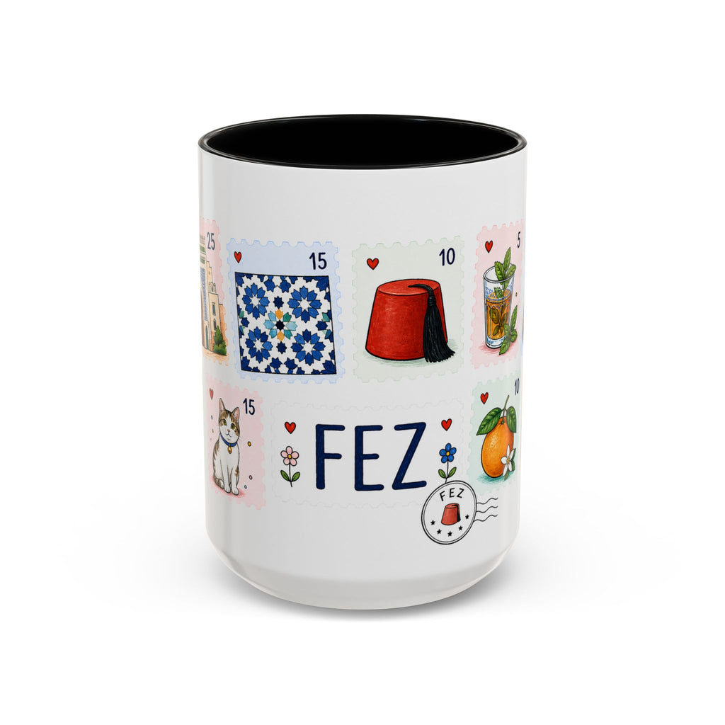Fez Coffee Mug | Postage Stamp Collage Mug | Travel Souvenir Accent Cup 11oz 15oz