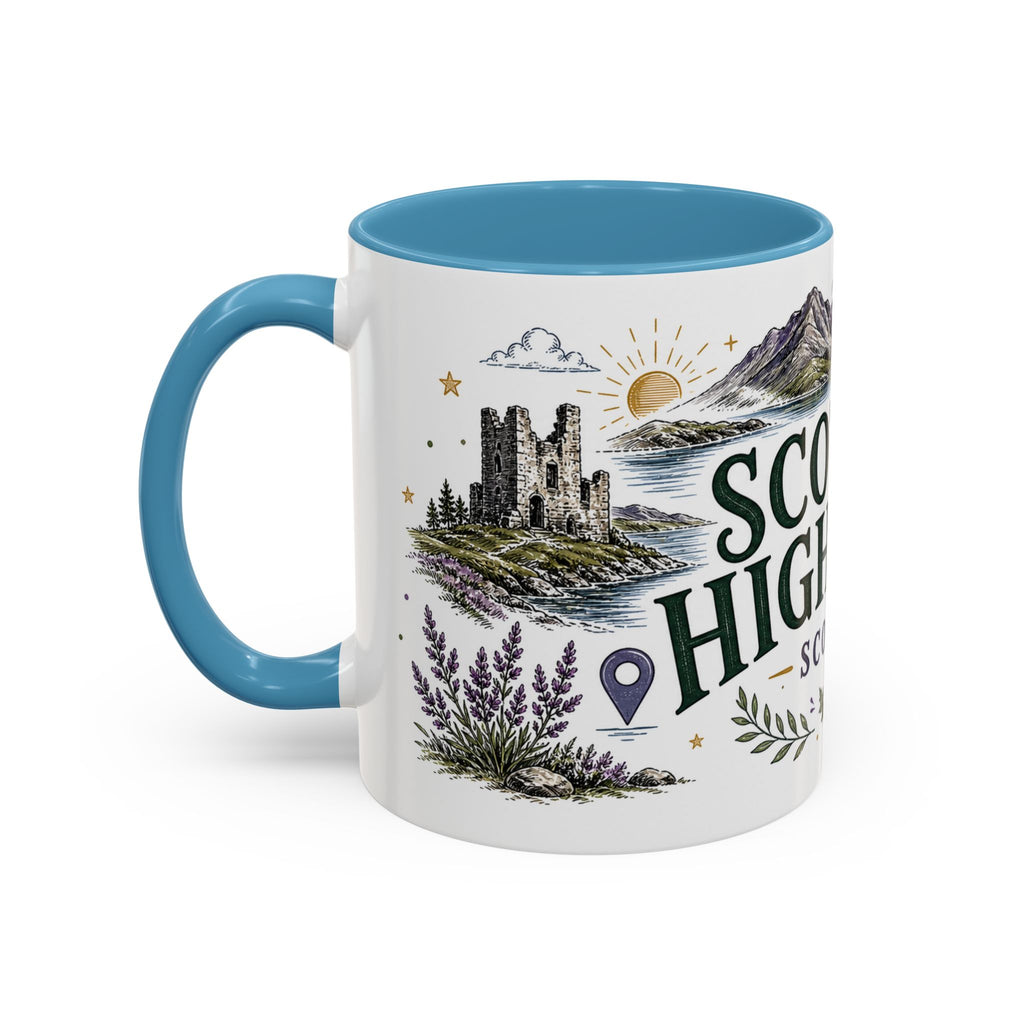 Scottish Highlands Coffee Mug | Travel Destination Souvenir Gift | Accent Color Ceramic 11oz 15oz