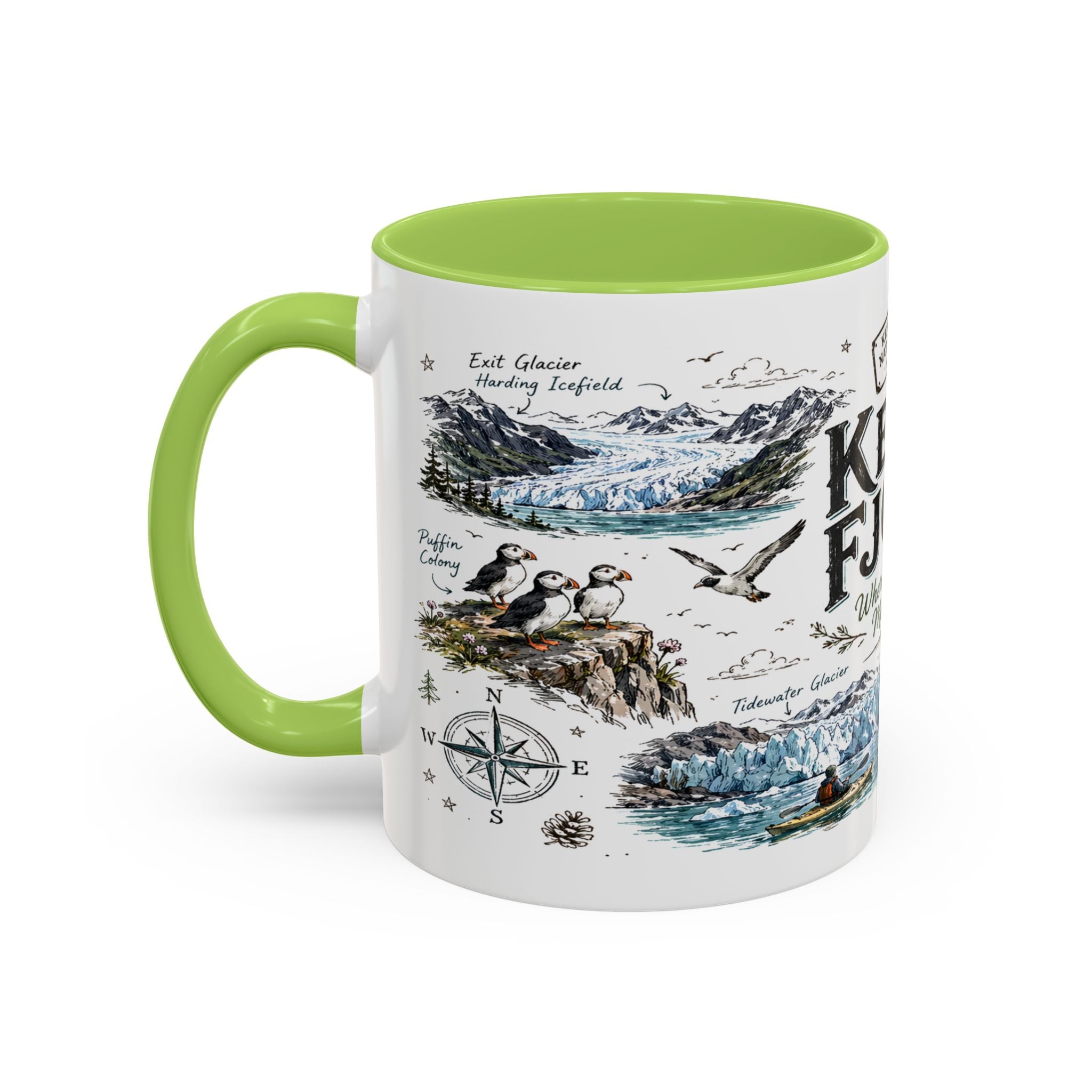 Kenai Fjords National Park Coffee Mug | Alaska Coastal Wildlife Hiking Gift | Accent Color Ceramic 11oz 15oz