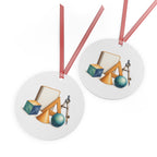Front and back views of the double-sided round ornament with mathematics artwork.