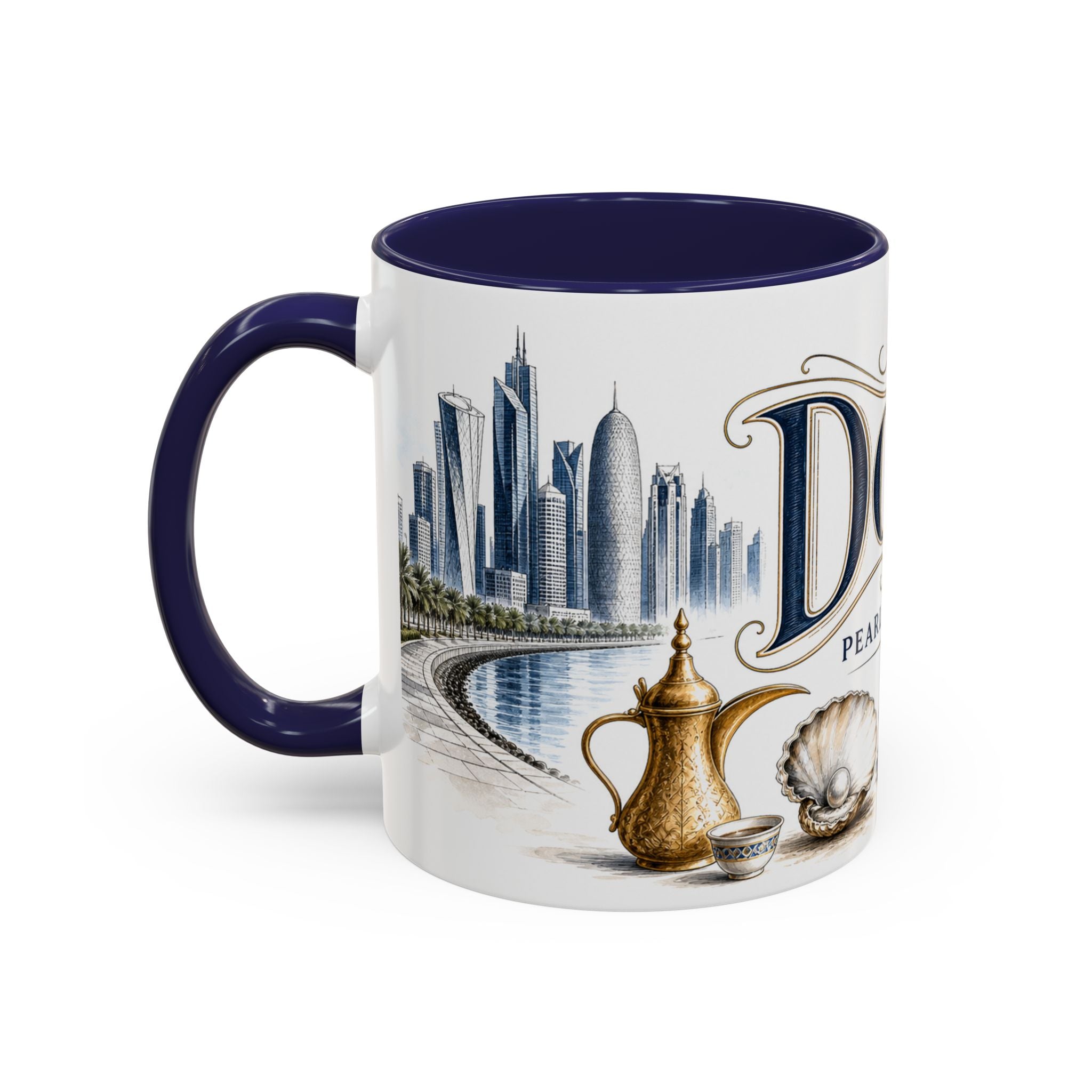 Doha Coffee Mug | Qatar Travel Souvenir | Vintage Illustrated City Gift | 11 oz 15 oz Accent Mug