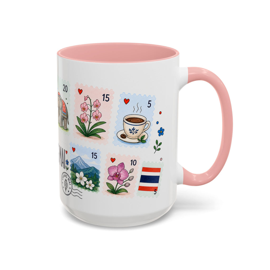 Chiang Mai Coffee Mug | Postage Stamp Collage Mug | Travel Souvenir Accent Cup 11oz 15oz