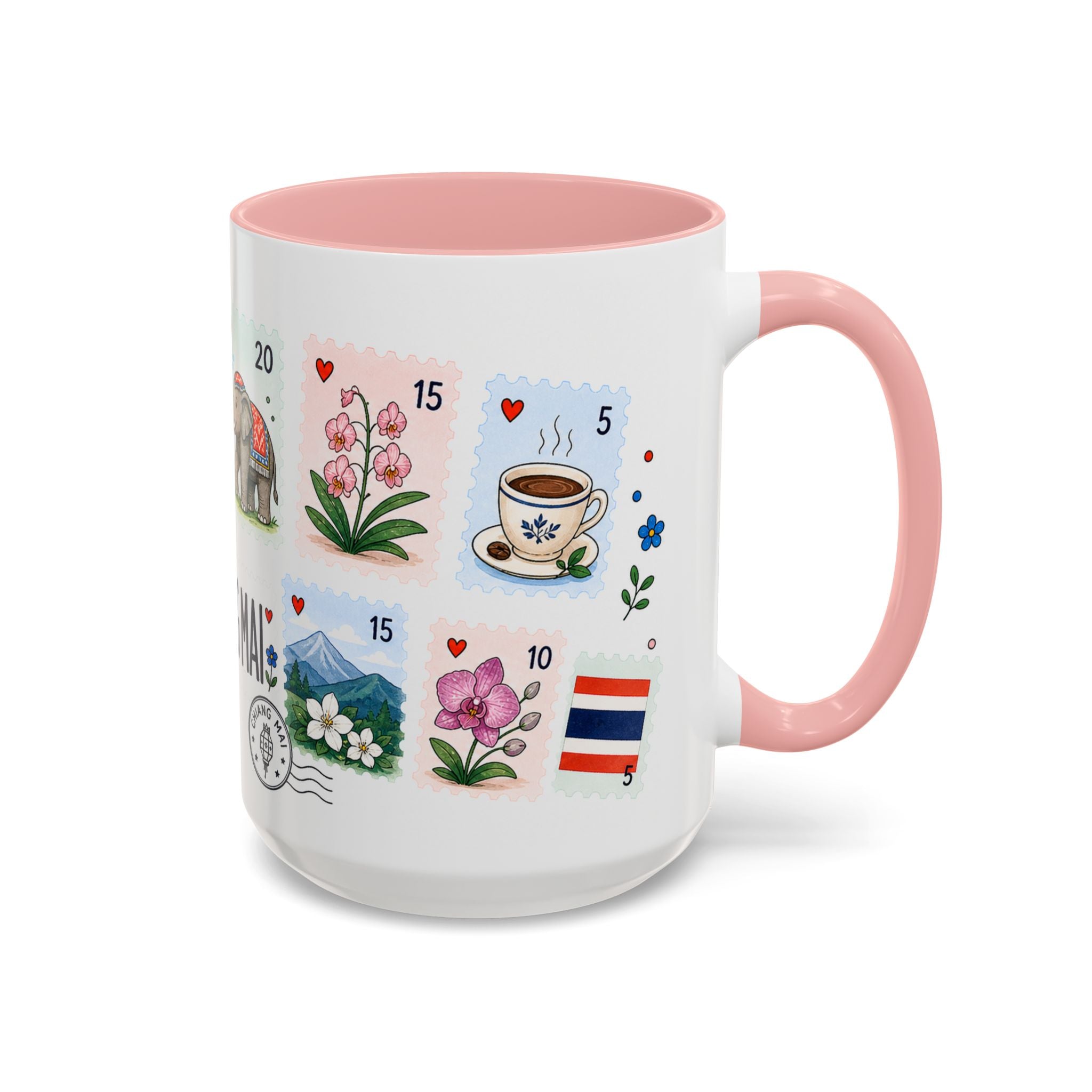 Chiang Mai Coffee Mug | Postage Stamp Collage Mug | Travel Souvenir Accent Cup 11oz 15oz