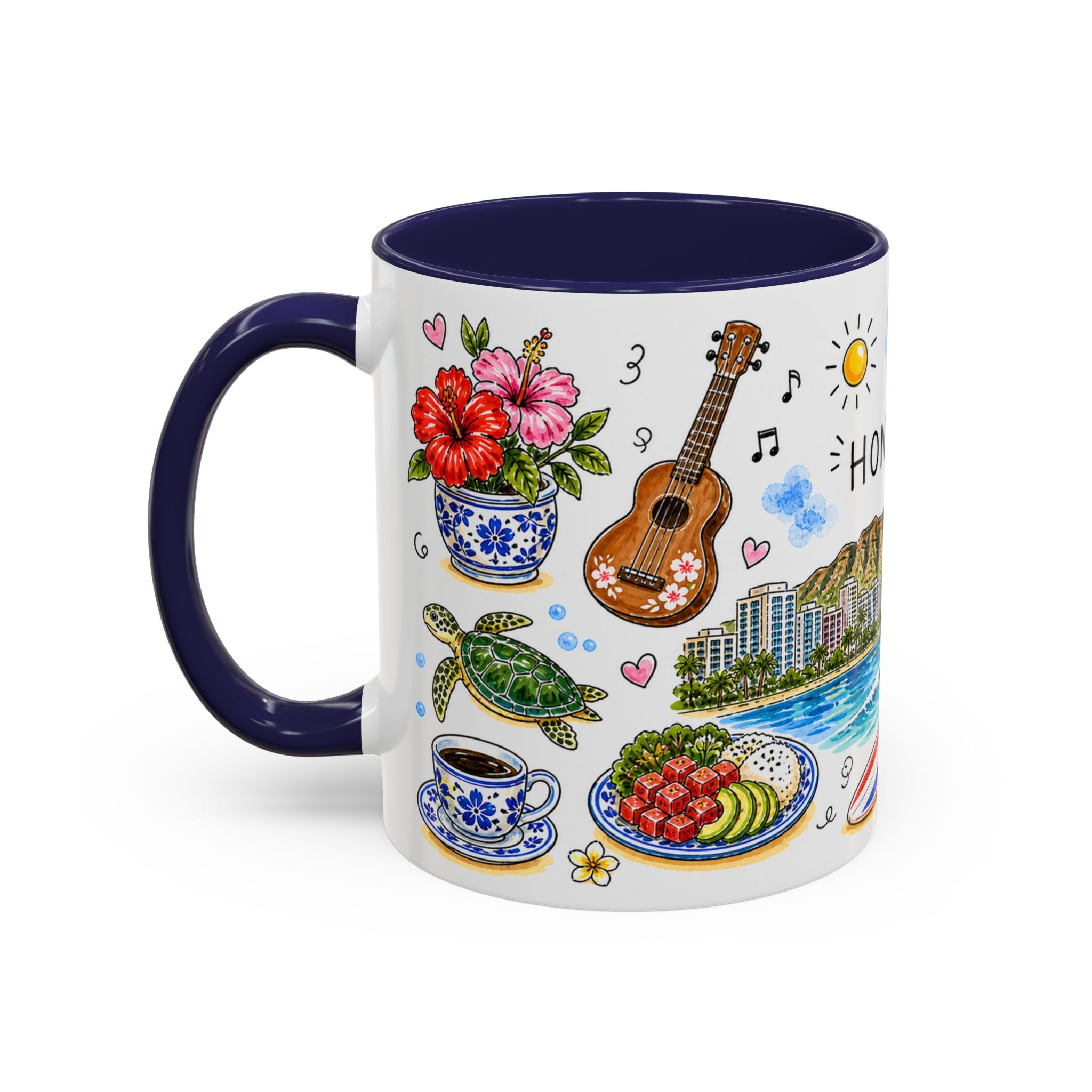 Honolulu Illustrated Travel Mug | City Souvenir Accent Coffee Mug | 11oz 15oz Ceramic Cup