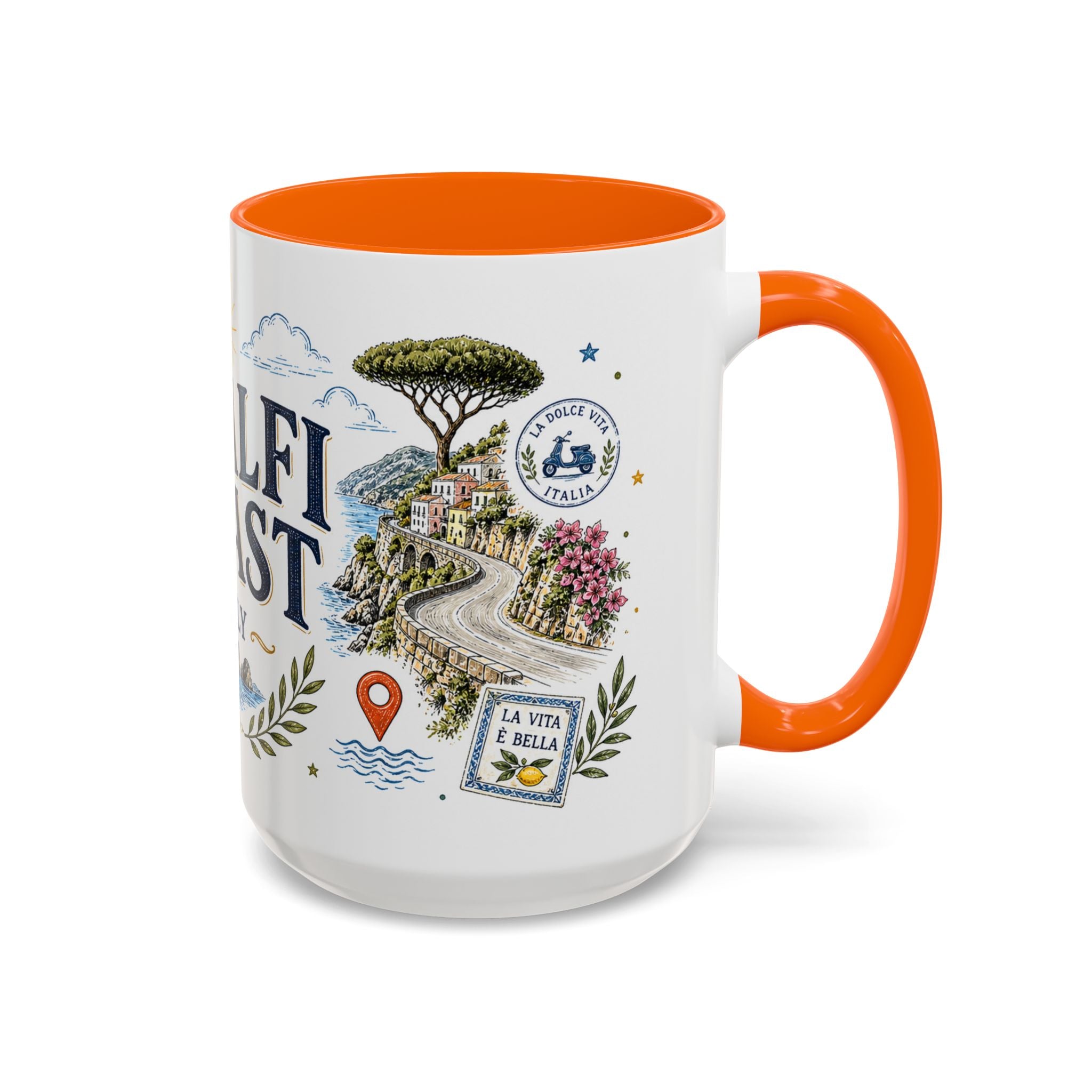 Amalfi Coast Coffee Mug | Travel Destination Souvenir Gift | Accent Color Ceramic 11oz 15oz