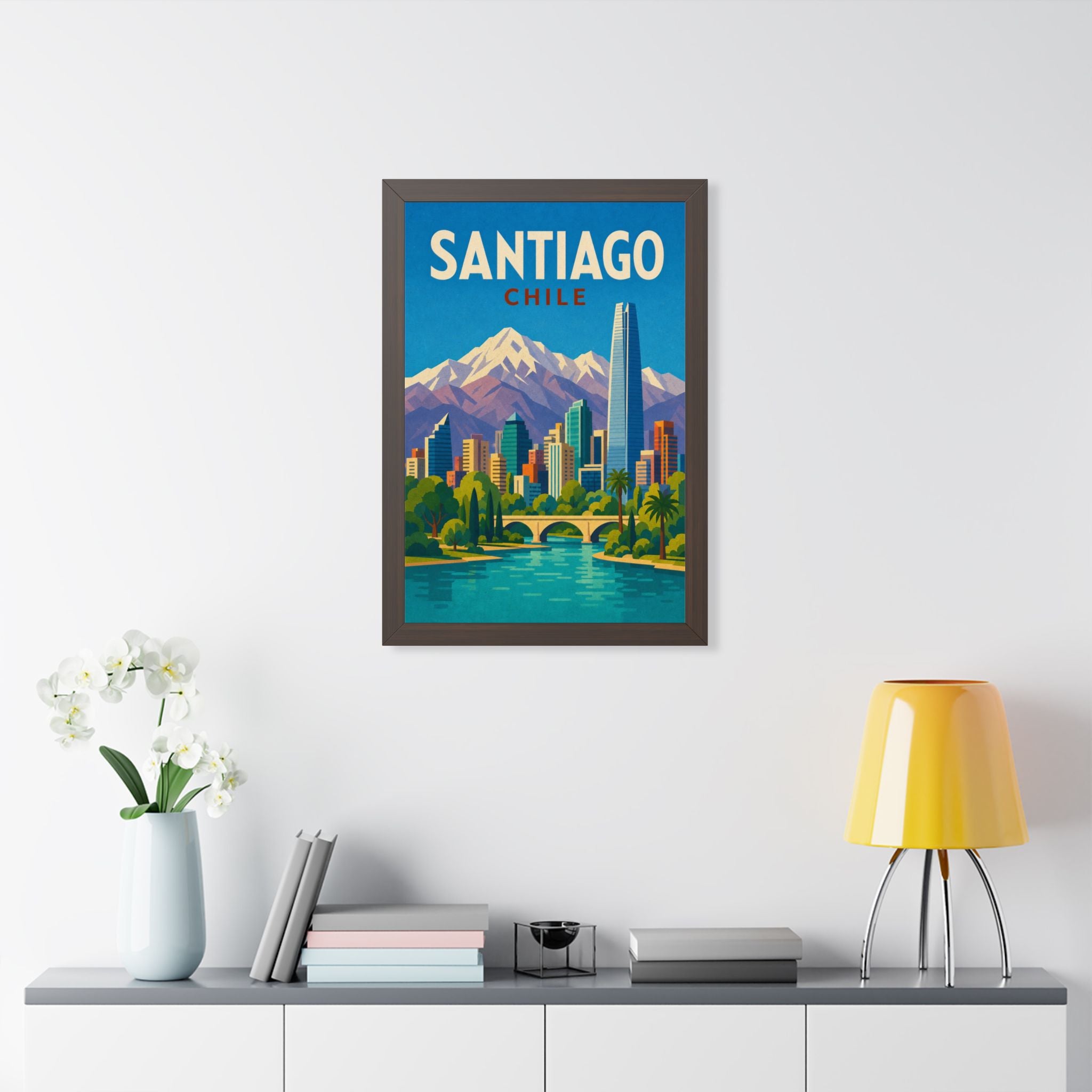 Santiago Chile Framed Poster | Vintage Travel Wall Art | Black Walnut White Frame | 16x24 20x30