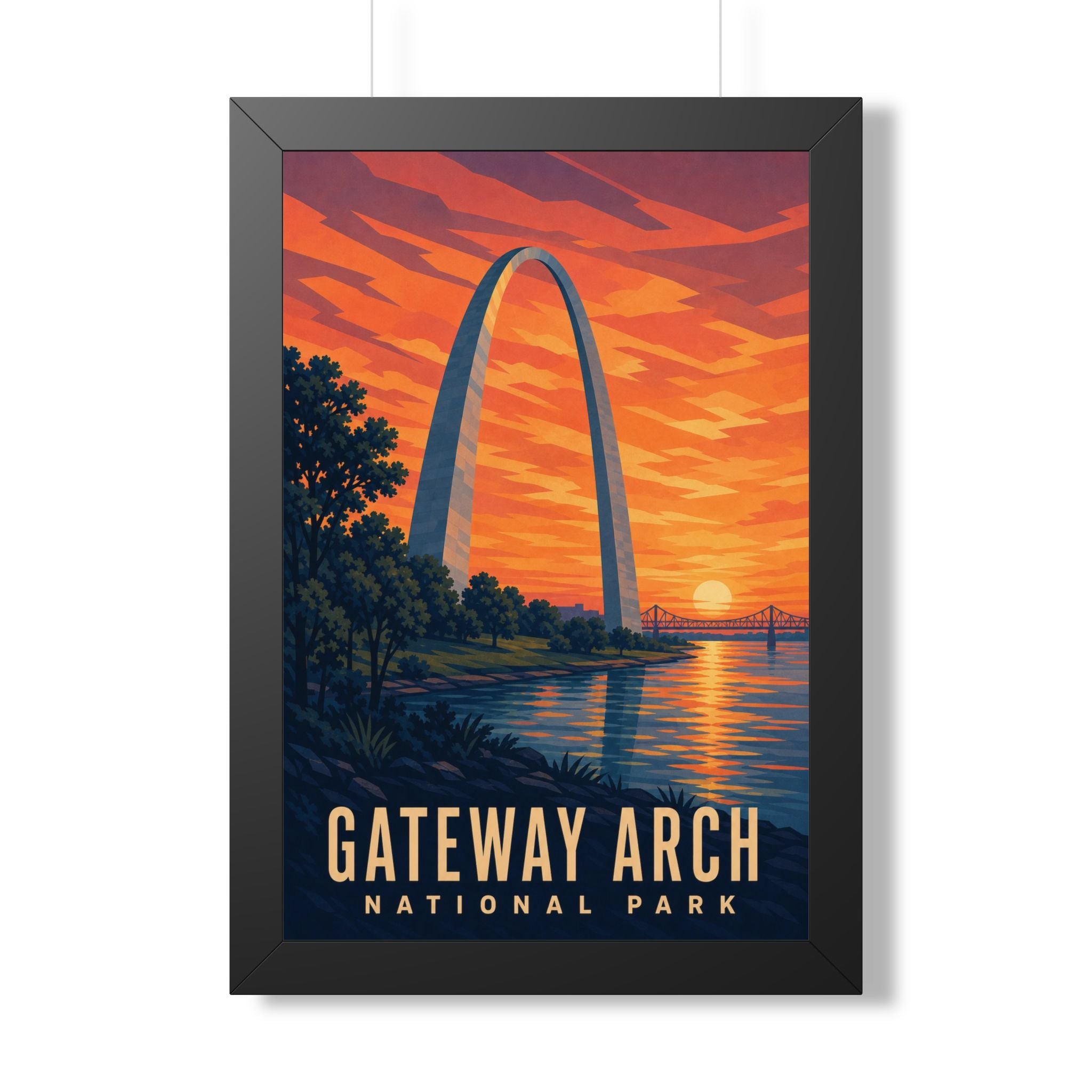 Gateway Arch National Park Framed Poster | Vintage Travel Wall Art | Black Walnut White Frame | 16x24 20x30