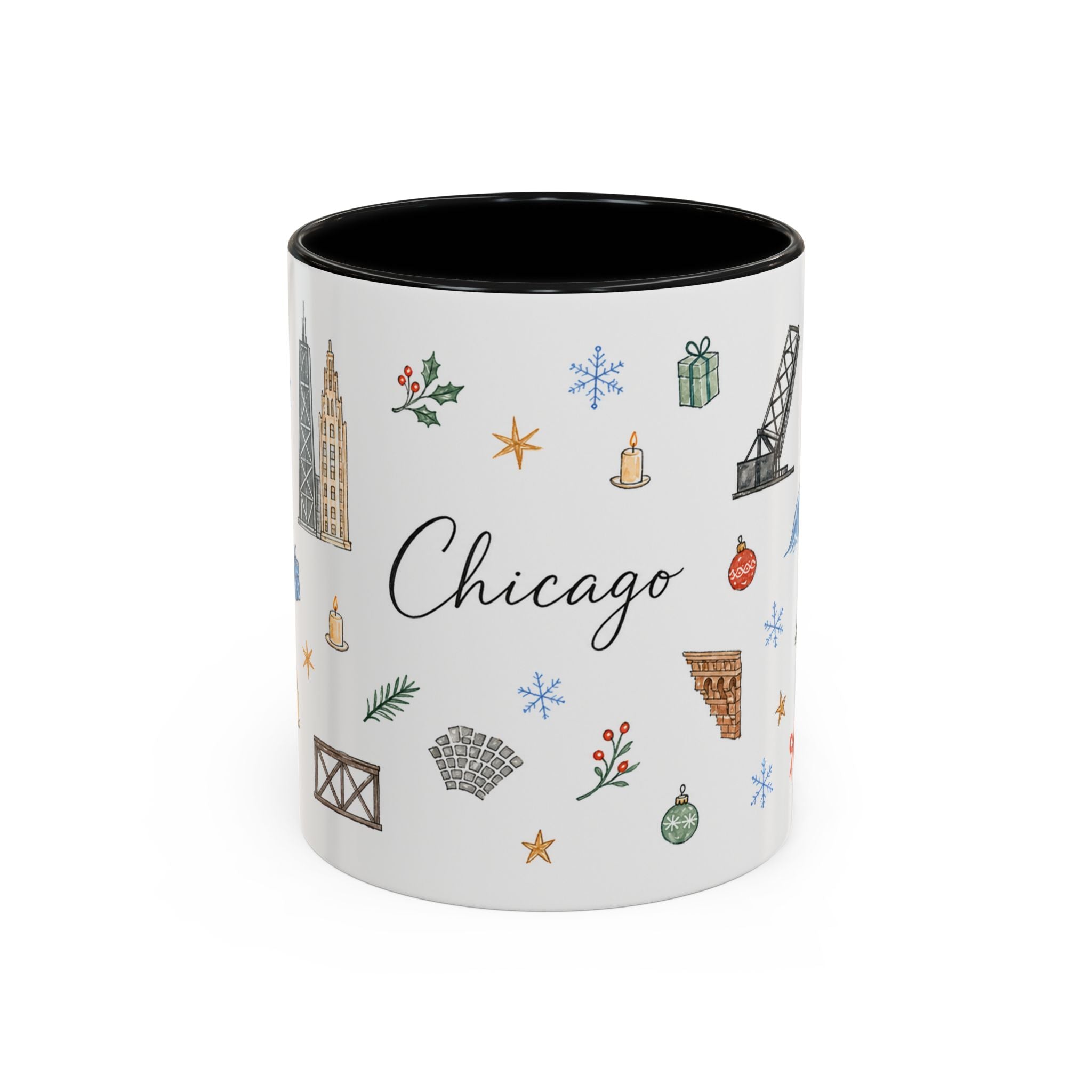Chicago Christmas Mug | Watercolor Travel Souvenir | Holiday Gift | Accent Ceramic Coffee Cup 11oz 15oz