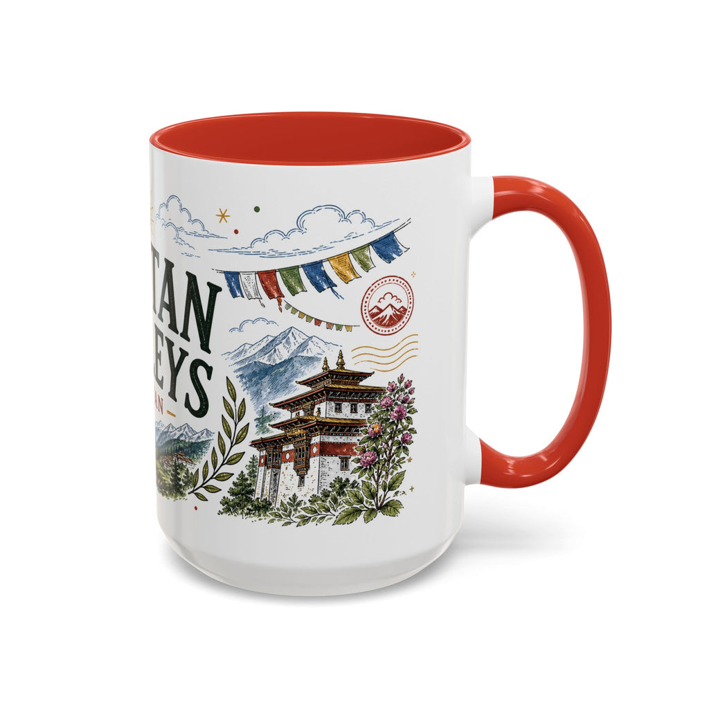 Bhutan Valleys Coffee Mug | Travel Destination Souvenir Gift | Accent Color Ceramic 11oz 15oz