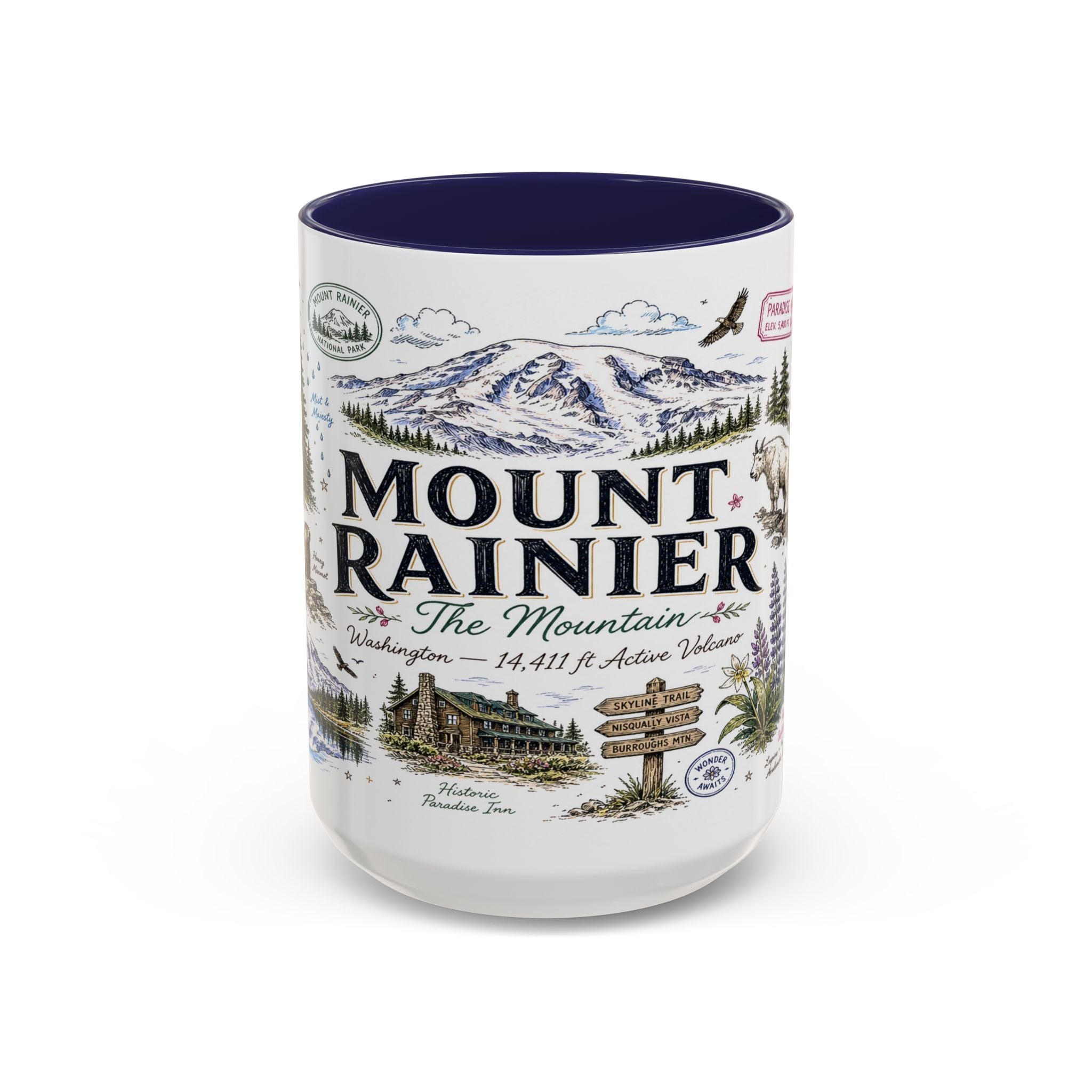 Mount Rainier Coffee Mug | National Park Hiking Washington Gift | Accent Color Ceramic 11oz 15oz