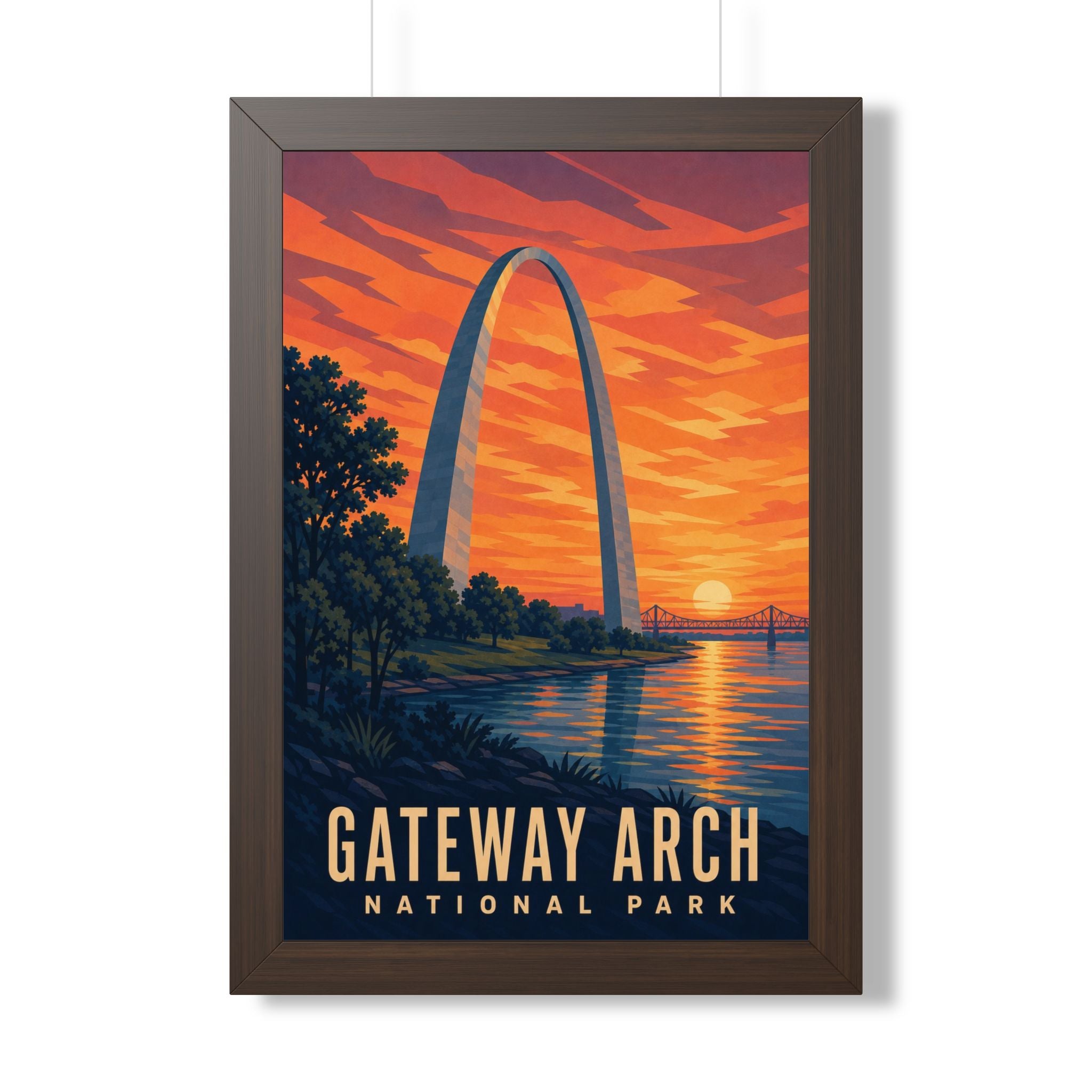 Gateway Arch National Park Framed Poster | Vintage Travel Wall Art | Black Walnut White Frame | 16x24 20x30