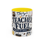 Teacher Fuel Coffee Mug | Powered by Coffee and Wine Funny Gift | Accent Color Ceramic 11oz 15oz
