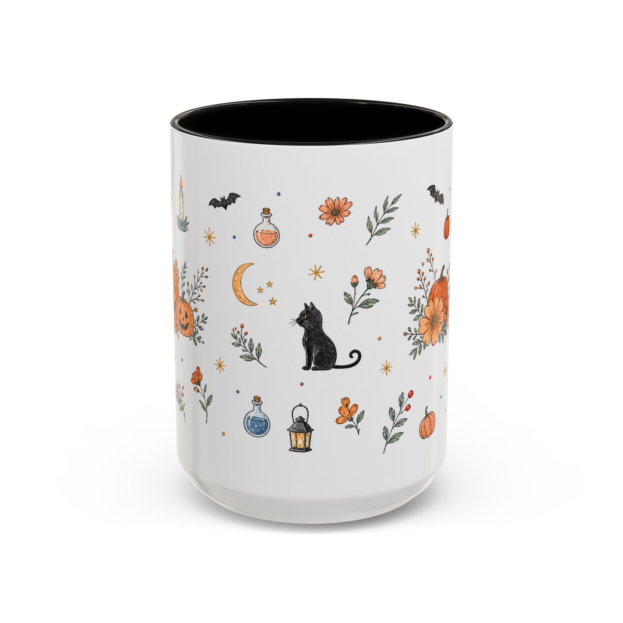 Black Cat Halloween Mug | Pumpkin Moon Watercolor Gift | Spooky Accent Cup 11oz 15oz