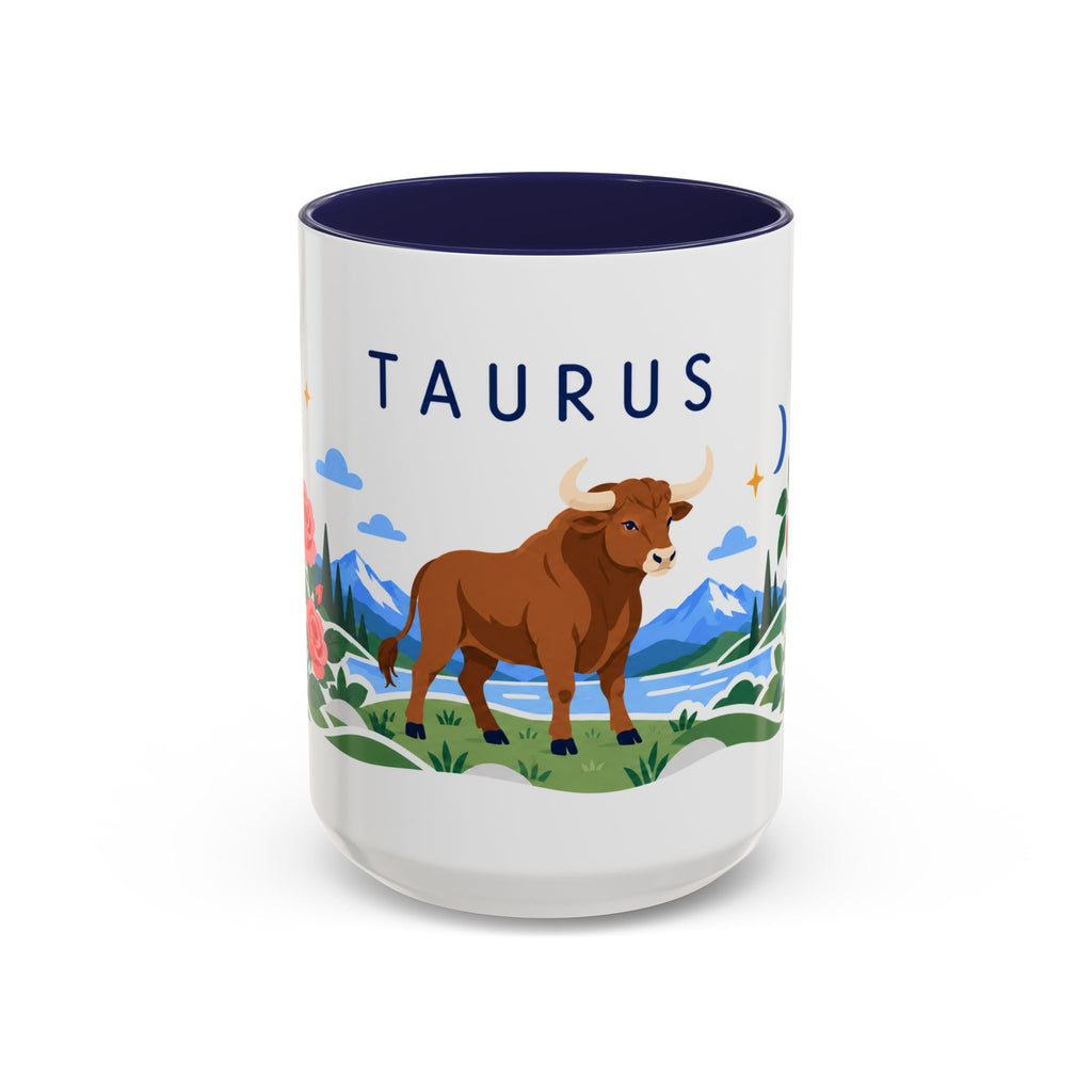 Taurus Zodiac Coffee Mug | Bull and Rose Design | Astrology Birthday Gift | 11 oz 15 oz Ceramic Accent Mug