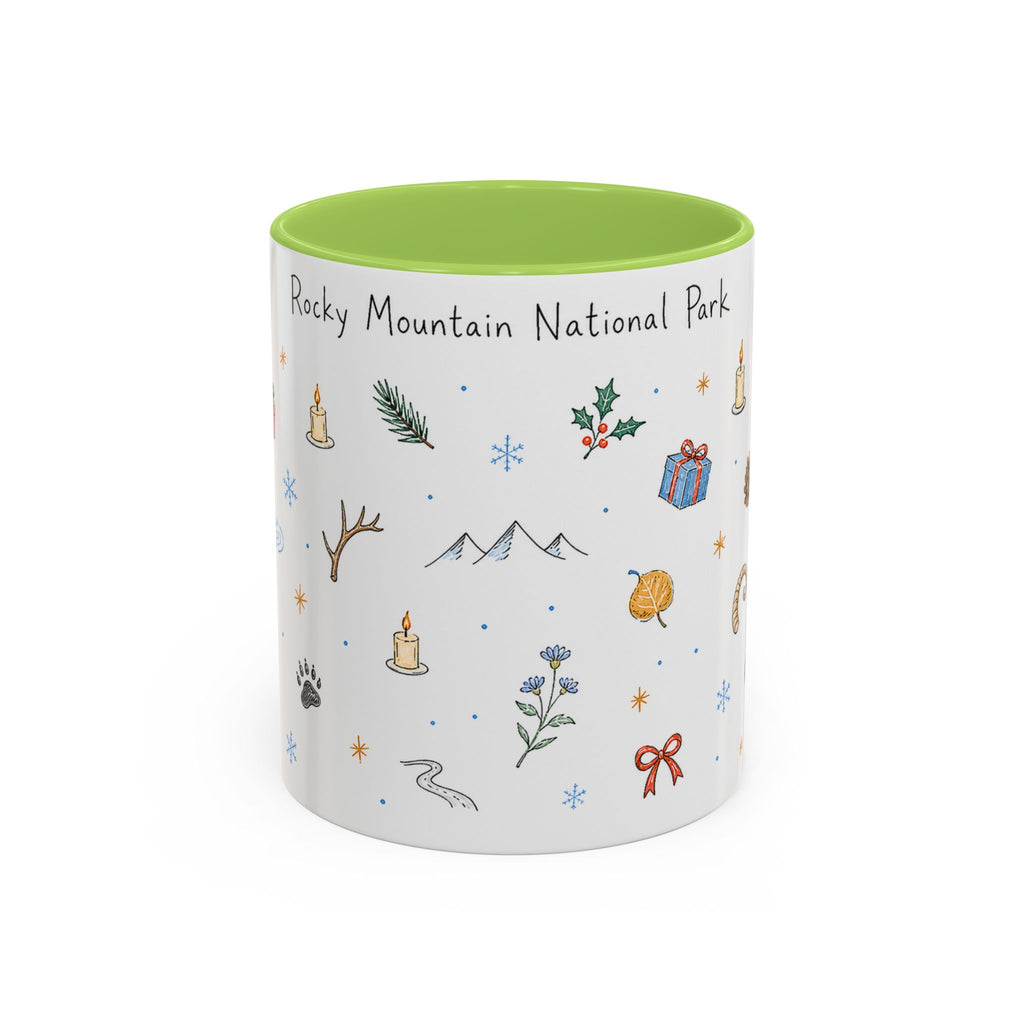 Rocky Mountain National Park Christmas Mug | Watercolor Travel Souvenir | Holiday Gift | Accent Ceramic Coffee Cup 11oz 15oz
