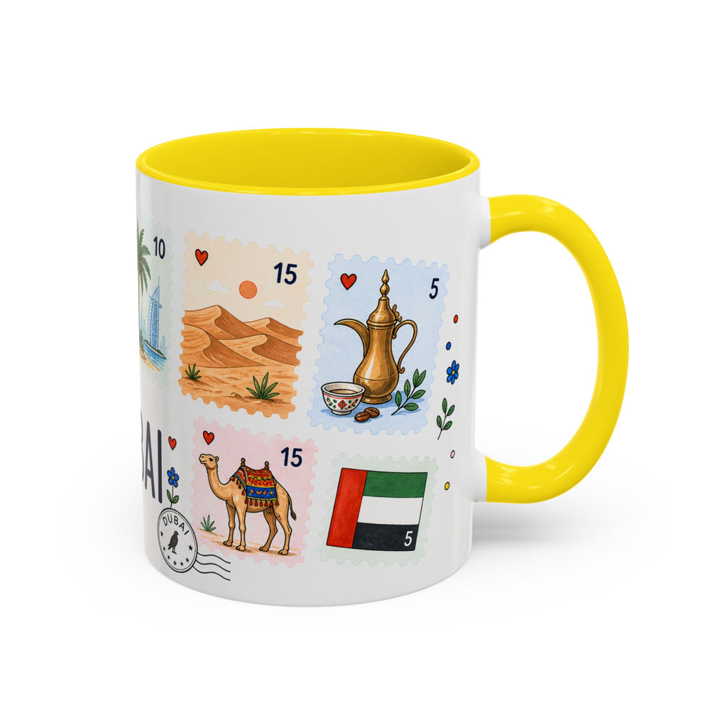 Dubai Coffee Mug | Postage Stamp Collage Mug | Travel Souvenir Accent Cup 11oz 15oz