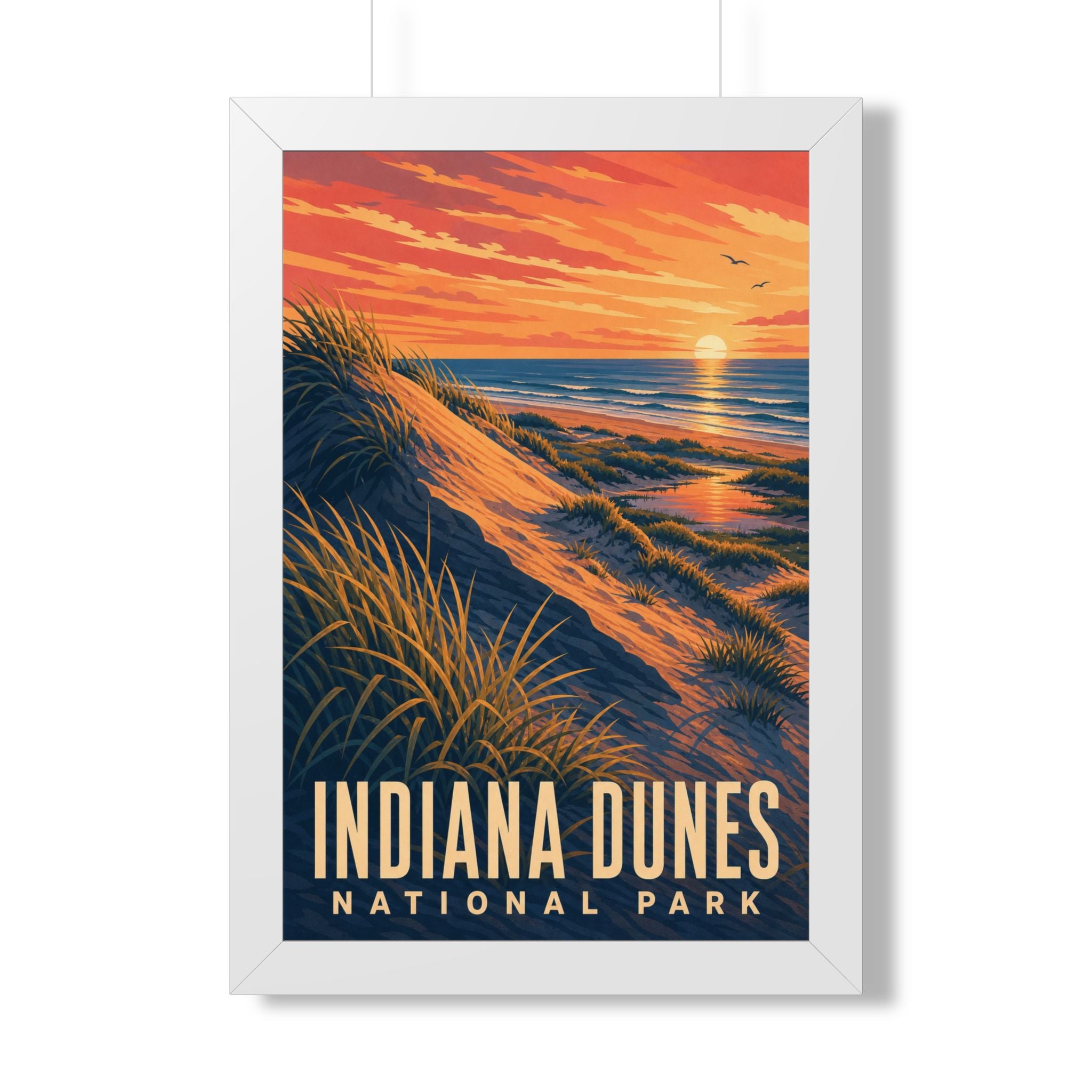 Indiana Dunes National Park Framed Poster | Vintage Travel Wall Art | Black Walnut White Frame | 16x24 20x30