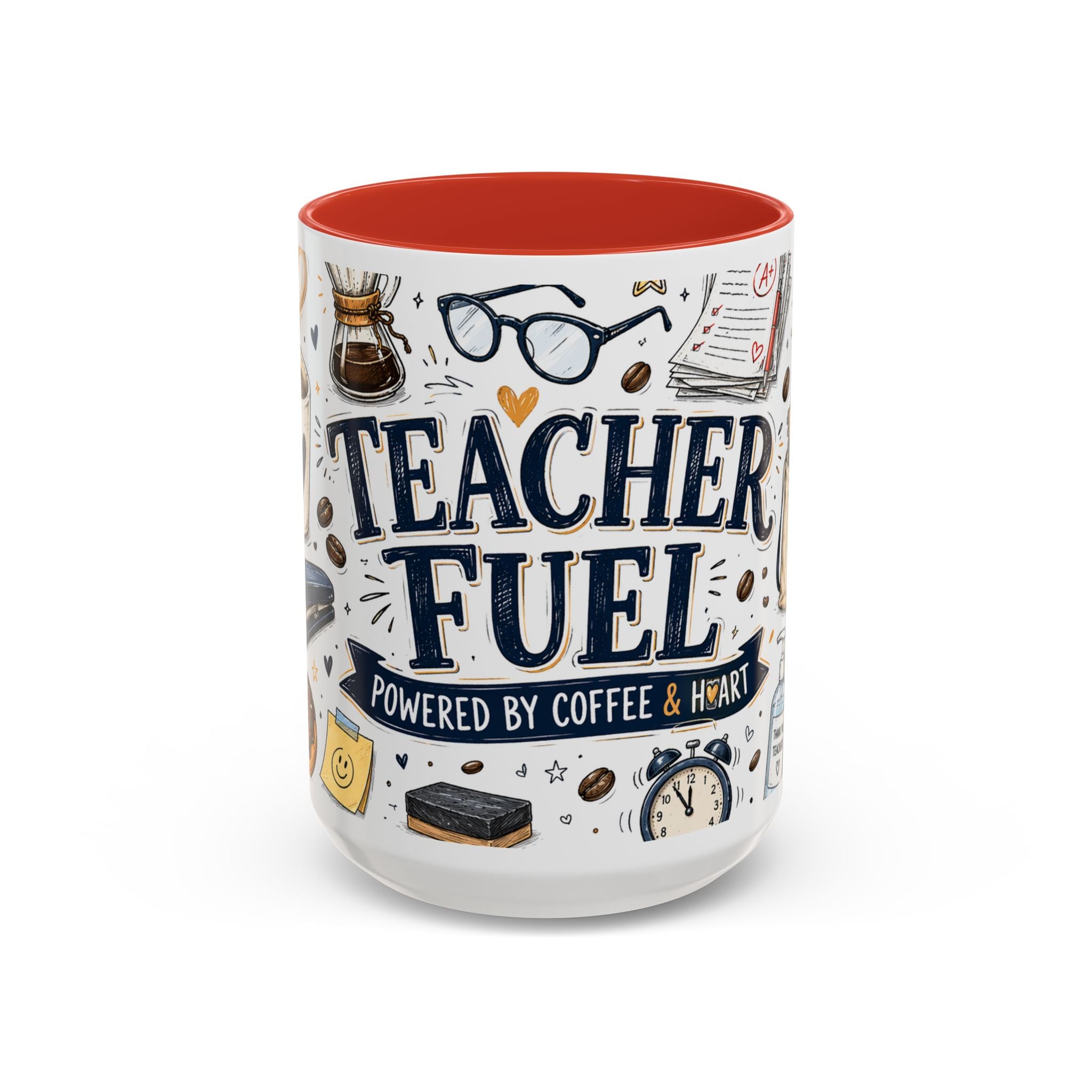 Teacher Fuel Coffee Mug | Powered by Coffee and Wine Funny Gift | Accent Color Ceramic 11oz 15oz