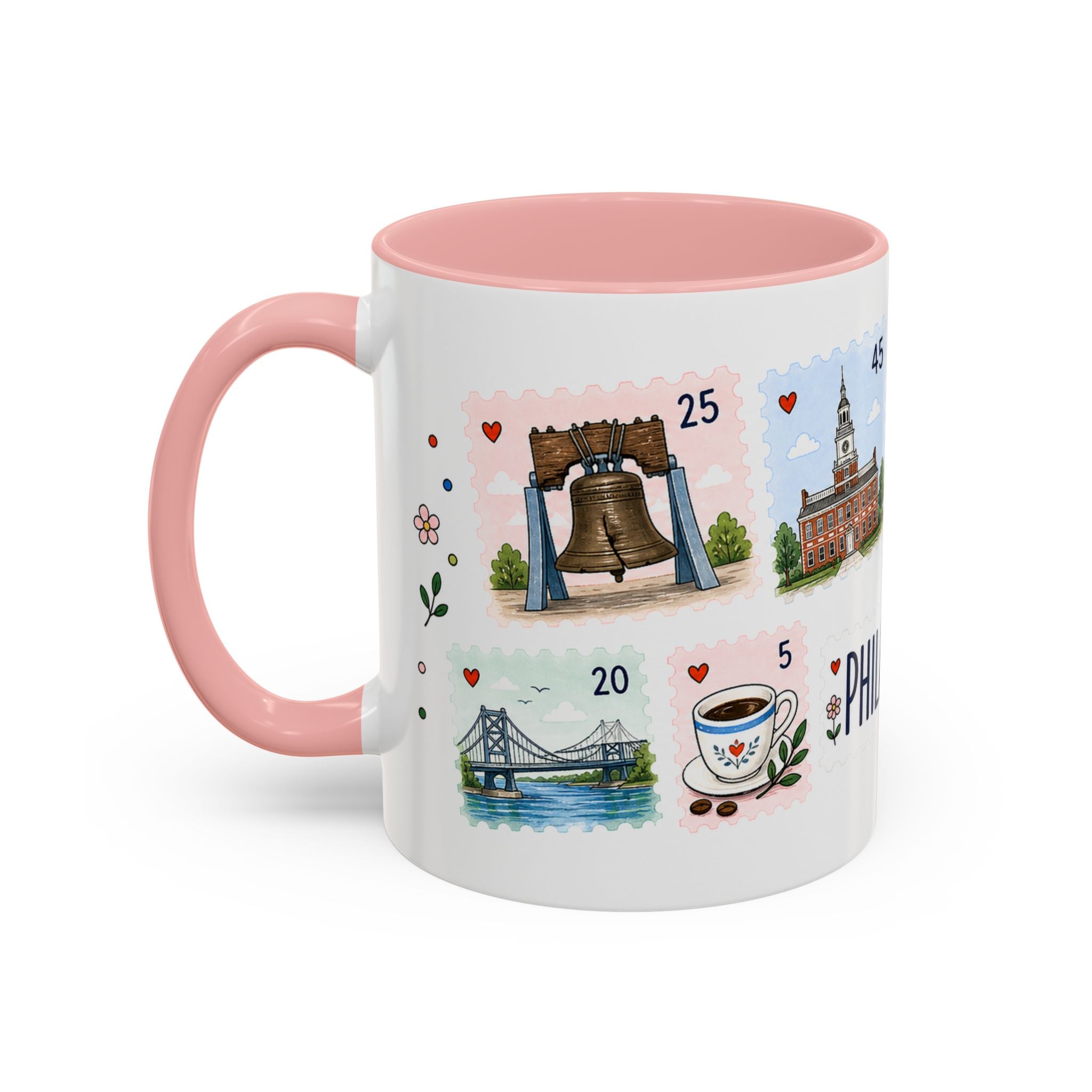 Philadelphia Coffee Mug | Postage Stamp Collage Mug | Travel Souvenir Accent Cup 11oz 15oz