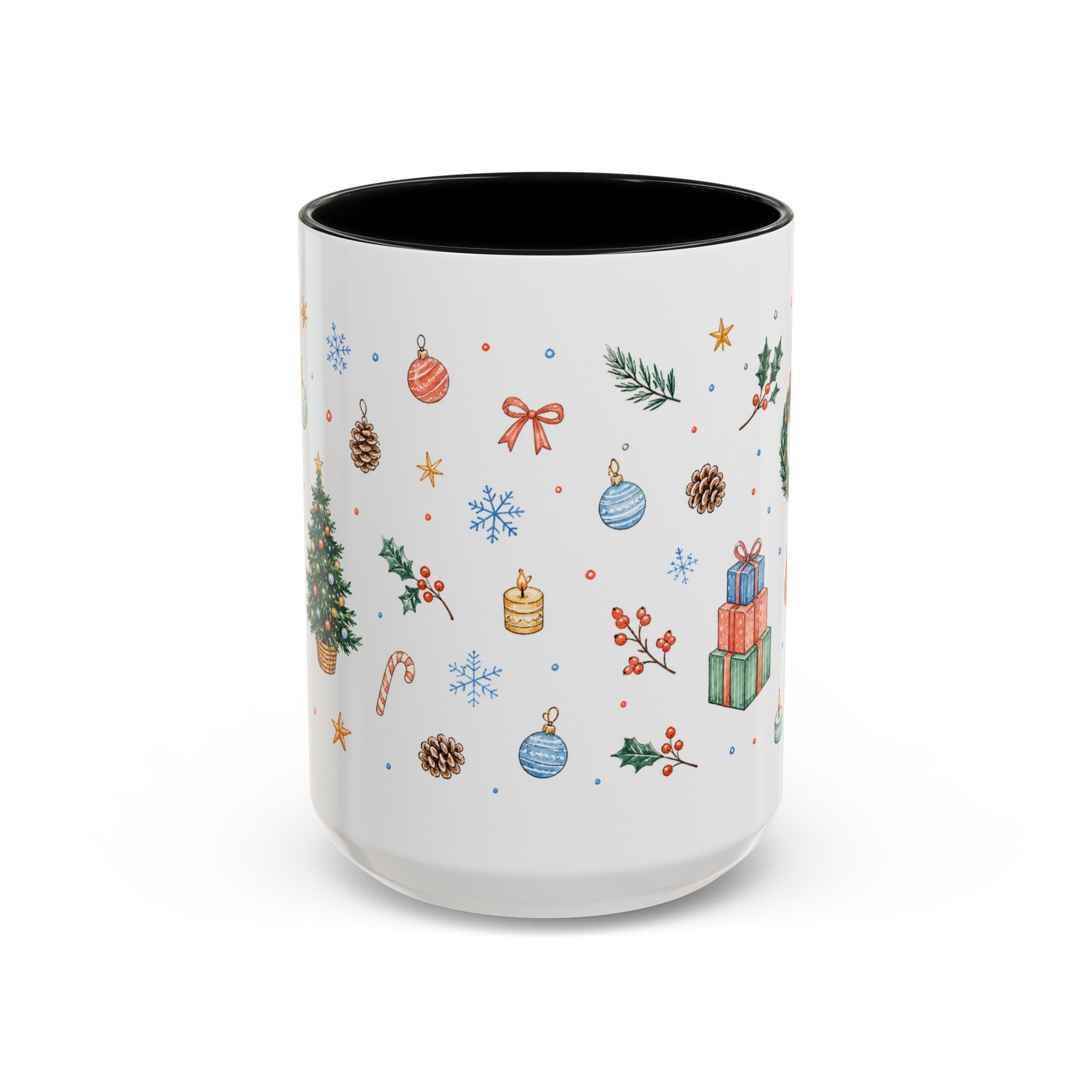 Christmas Mug | Watercolor Tree Gifts Wreath Holiday Cup | Accent Coffee Mug 11oz 15oz