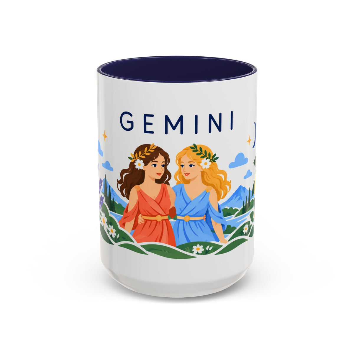 Gemini Zodiac Coffee Mug | Twins and Floral Design | Astrology Birthday Gift | 11 oz 15 oz Ceramic Accent Mug