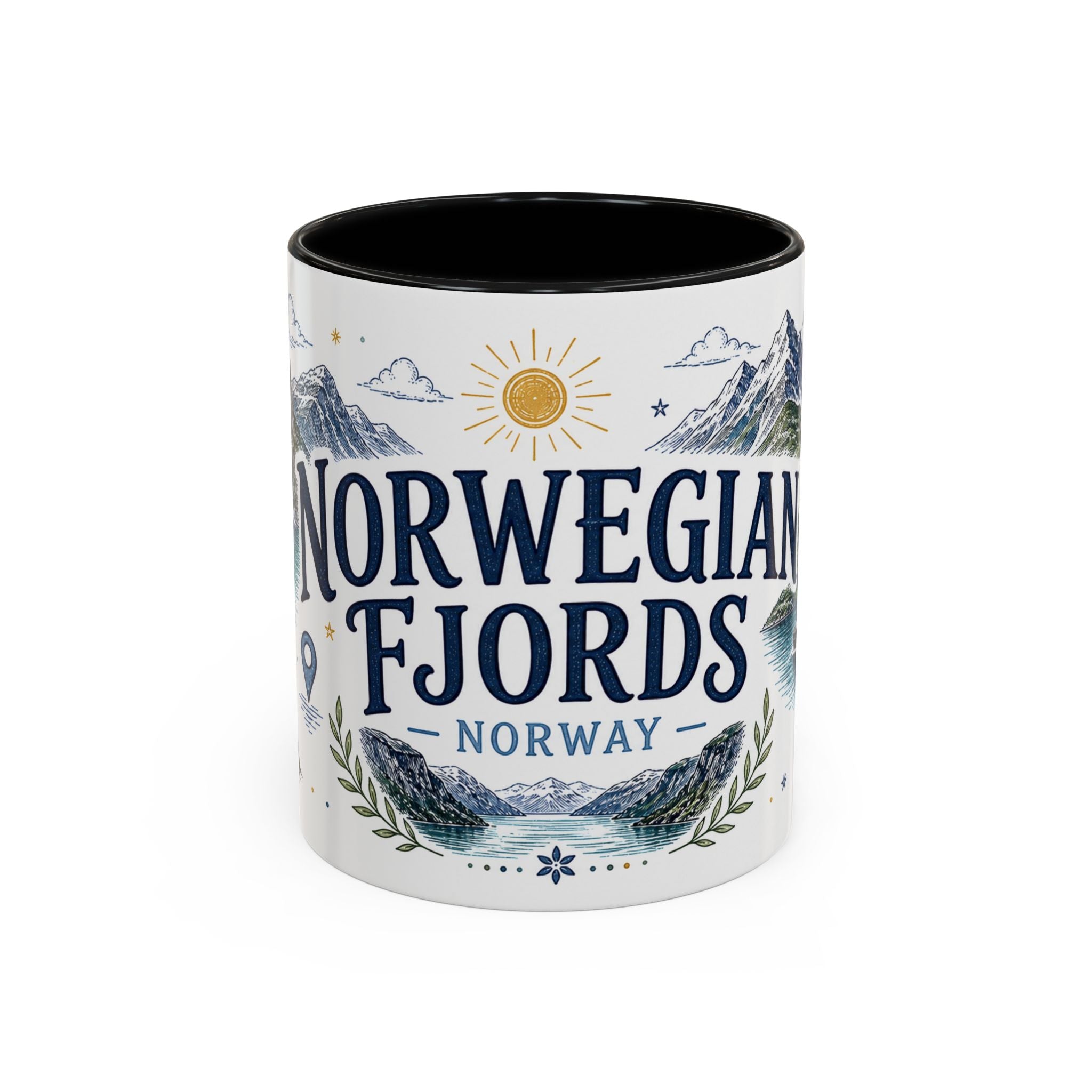 Norwegian Fjords Coffee Mug | Travel Destination Souvenir Gift | Accent Color Ceramic 11oz 15oz