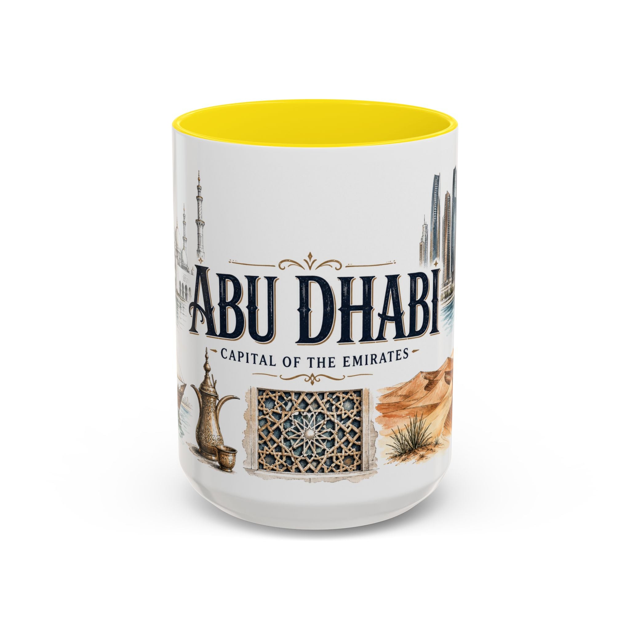 Abu Dhabi Coffee Mug | United Arab Emirates Travel Souvenir | Vintage Illustrated City Gift | 11 oz 15 oz Accent Mug