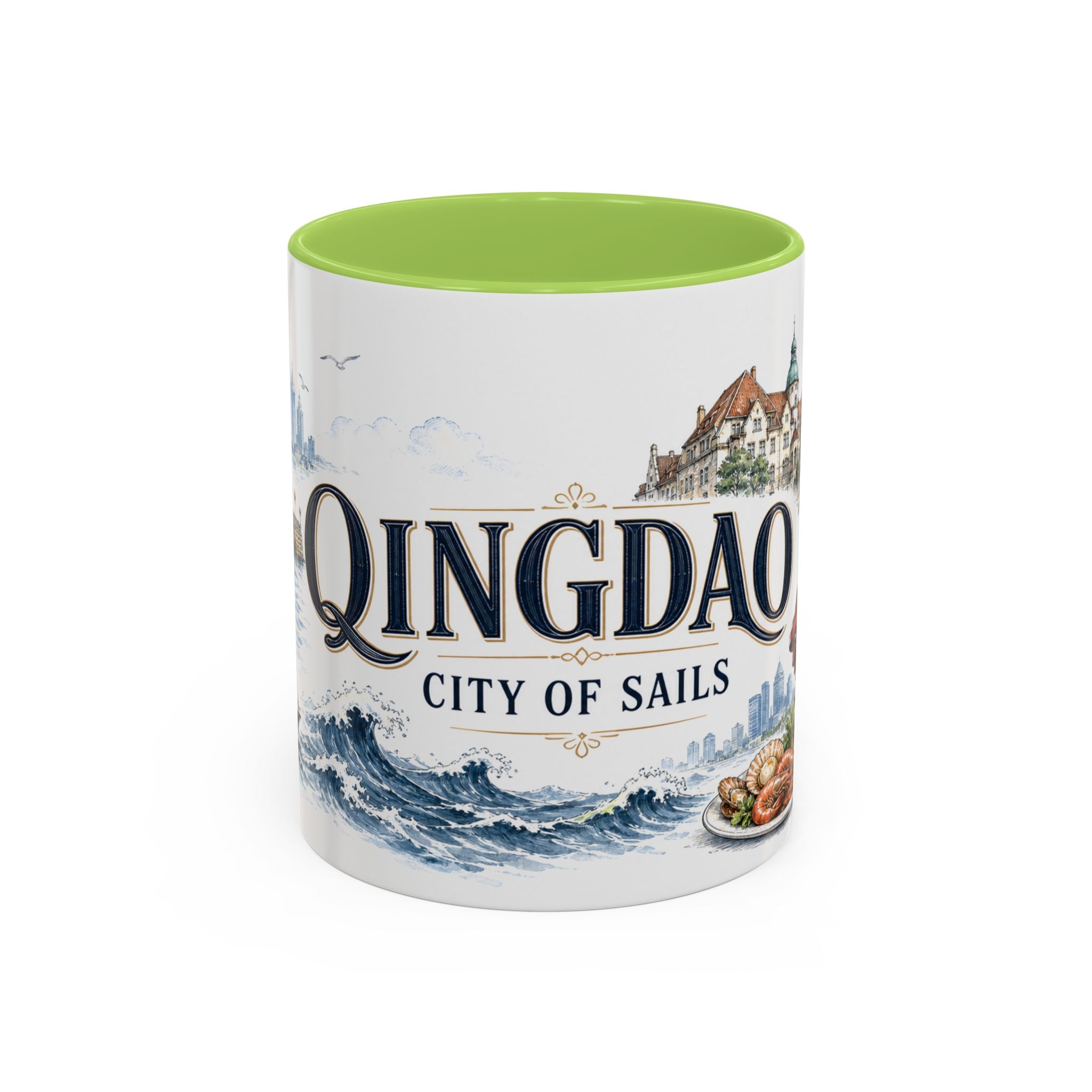 Qingdao Coffee Mug | China Travel Souvenir | Vintage Illustrated City Gift | 11 oz 15 oz Accent Mug